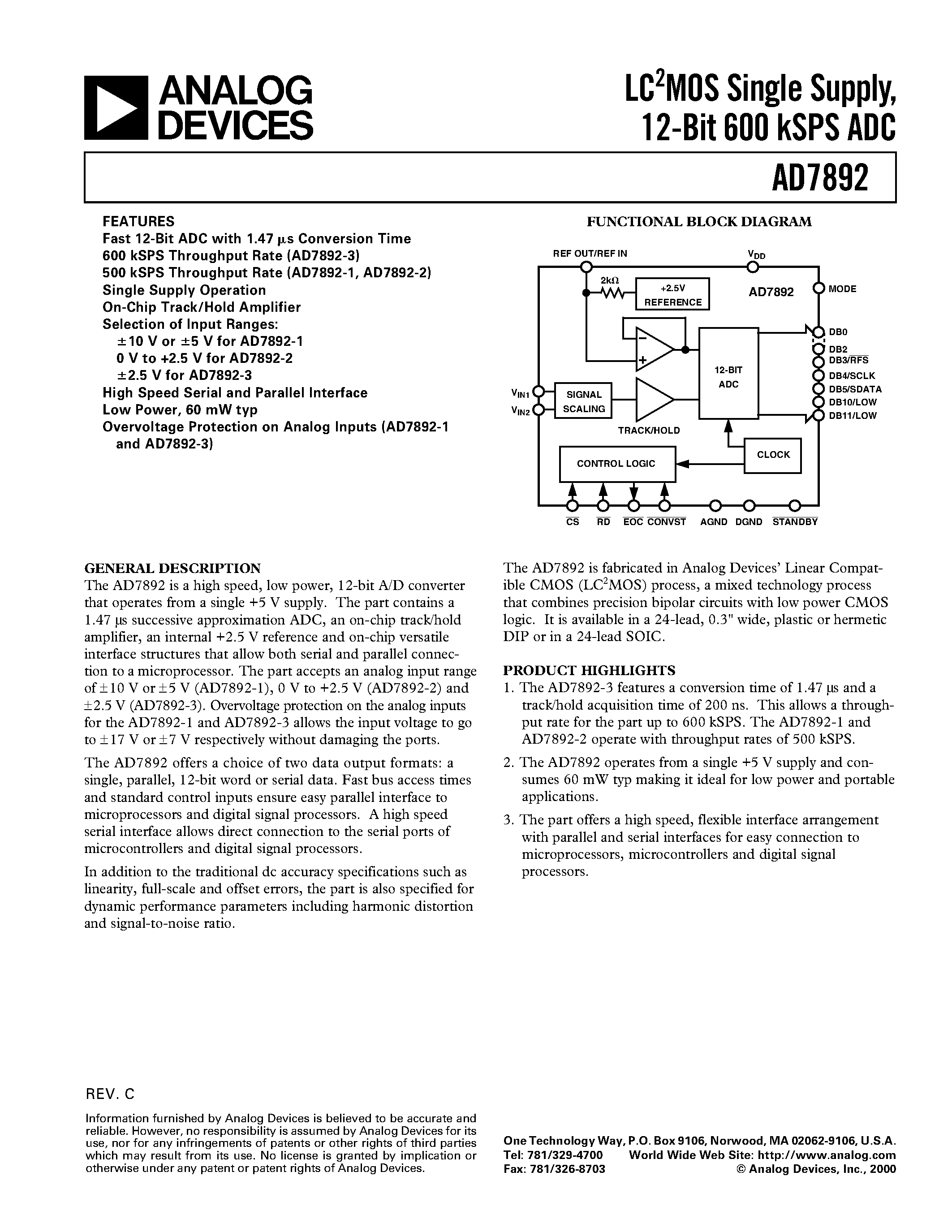 Даташит на микросхему AD7892 страница 1 Даташит AD7892 - LC2MOS Single Supply/ 12-Bit 600 kSPS ADC страница 1