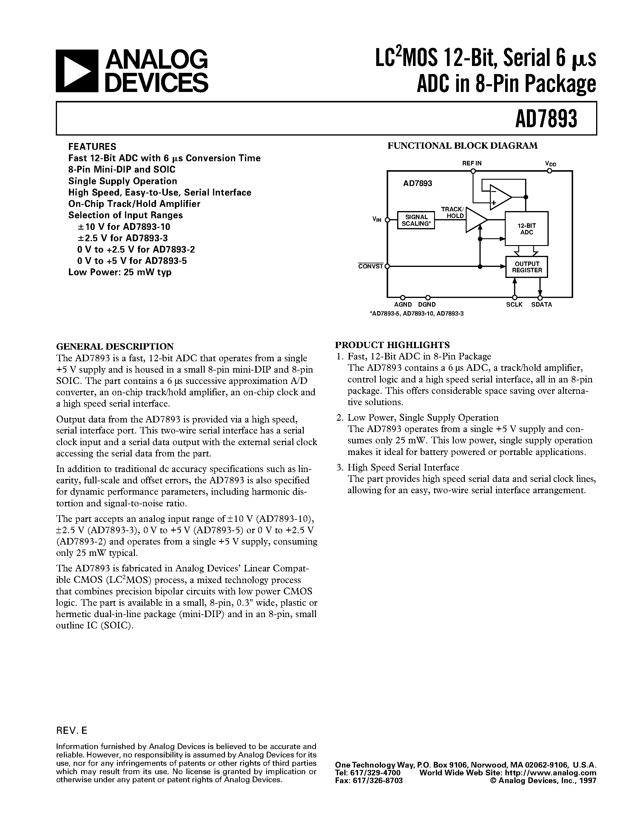 Даташит AD7893SQ-2 - LC2MOS 12-Bit/ Serial 6 us ADC in 8-Pin Package страница 1