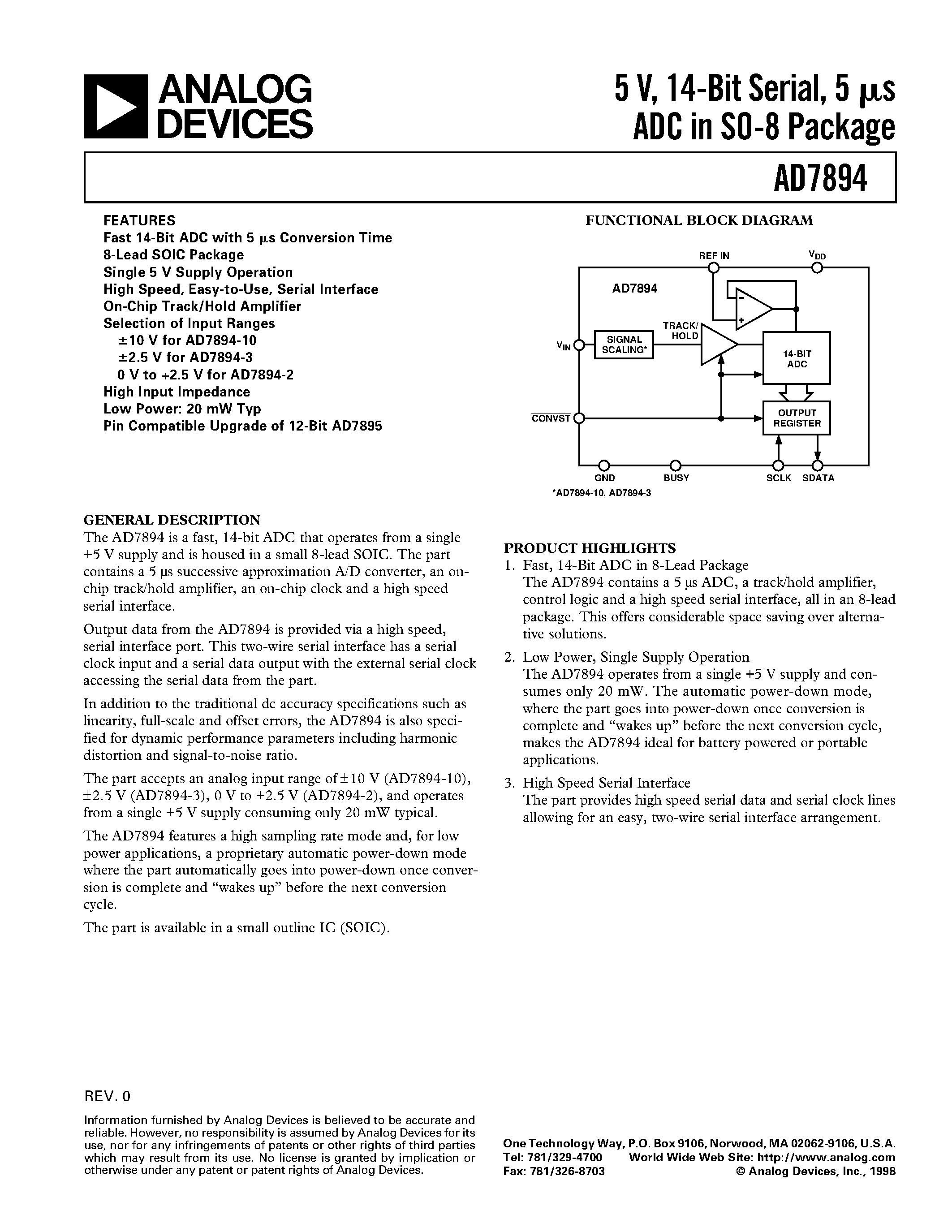 Datasheet AD7894 page 1 Datasheet AD7894 - 5 V/ 14-Bit Serial/ 5 ms ADC in SO-8 Package page 1