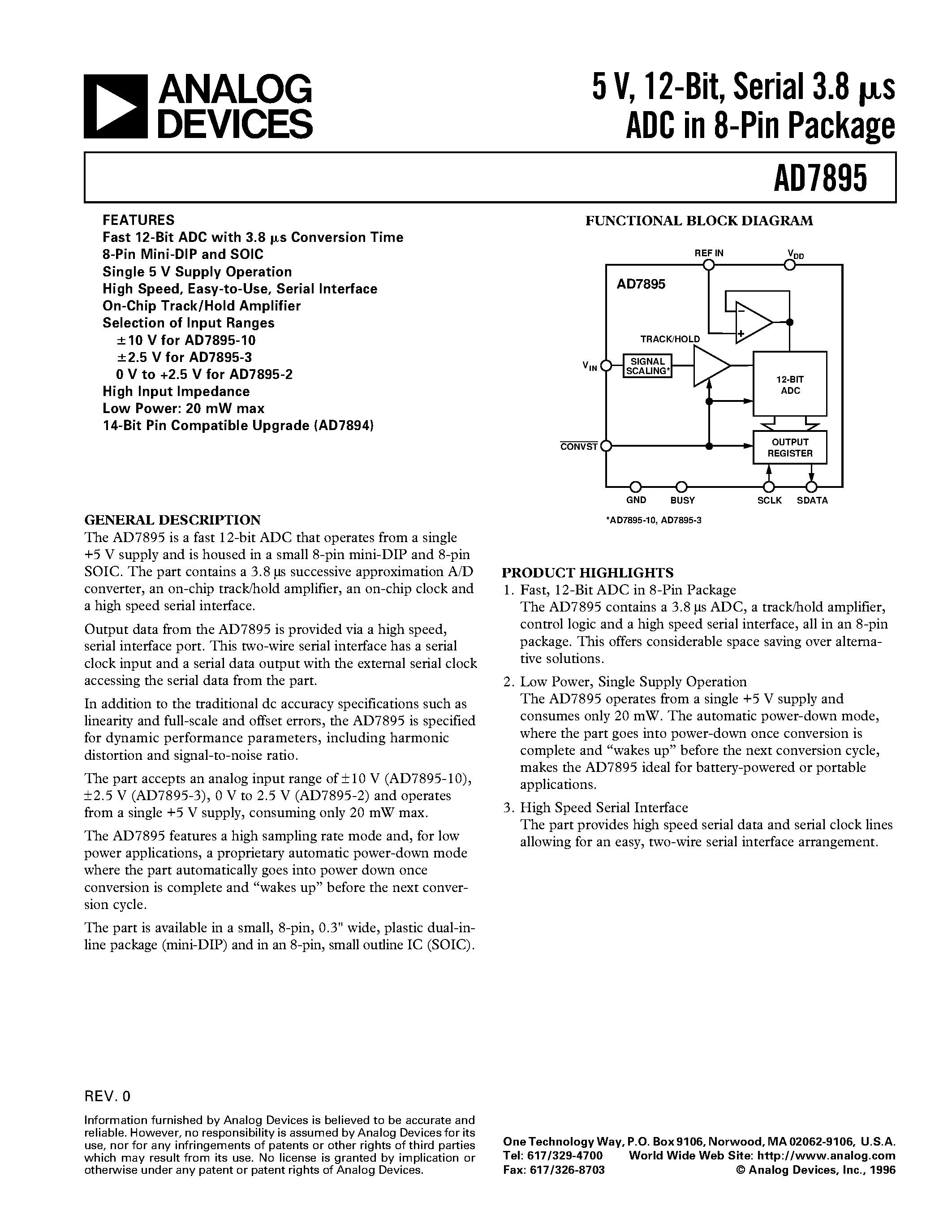 Даташит AD7895BR-2 - 5 V/ 12-Bit/ Serial 3.8 ms ADC in 8-Pin Package страница 1