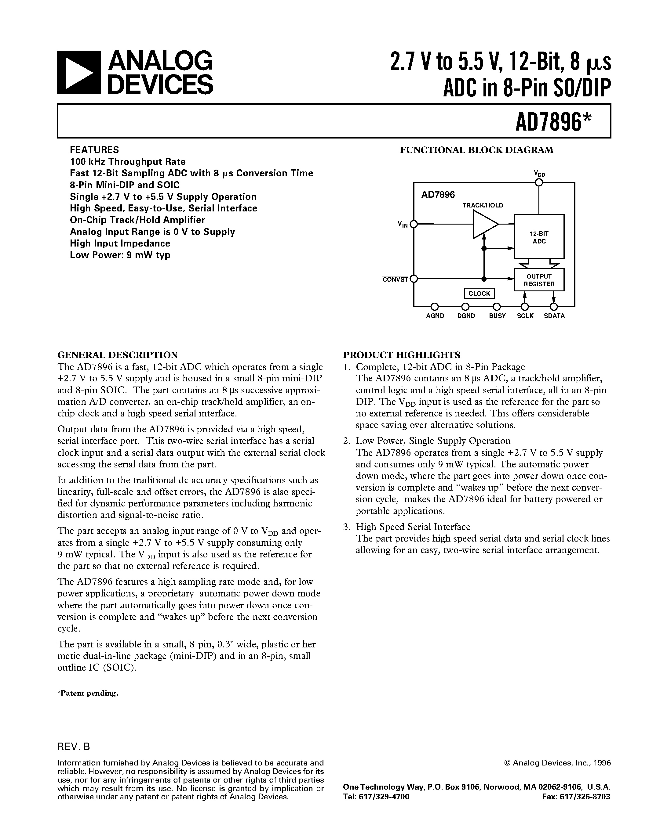 Datasheet AD7896 - 2.7 V to 5.5 V/ 12-Bit/ 8 us ADC in 8-Pin SO/DIP page 1