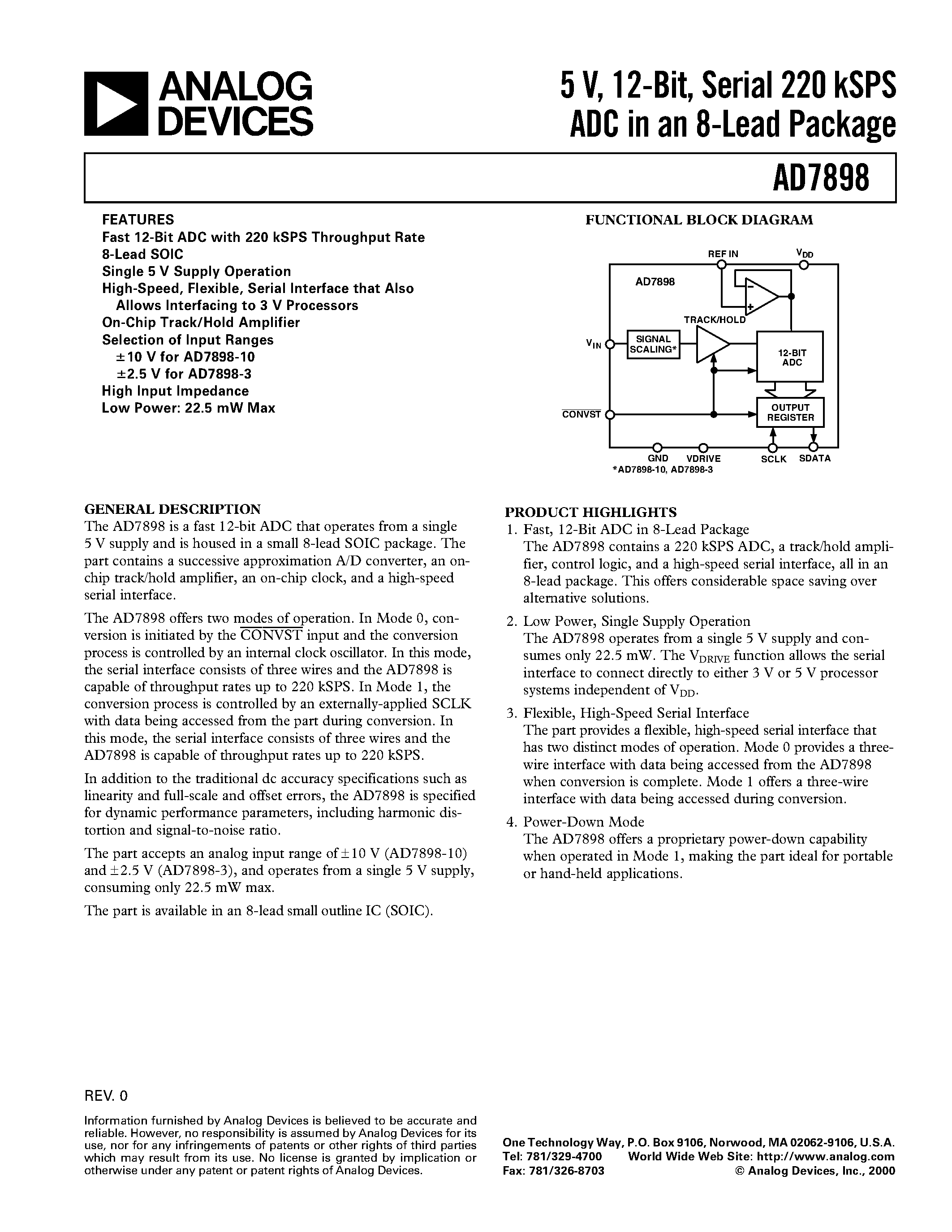 Даташит AD7898AR-10 - 5 V/ 12-Bit/ Serial 220 kSPS ADC in an 8-Lead Package страница 1