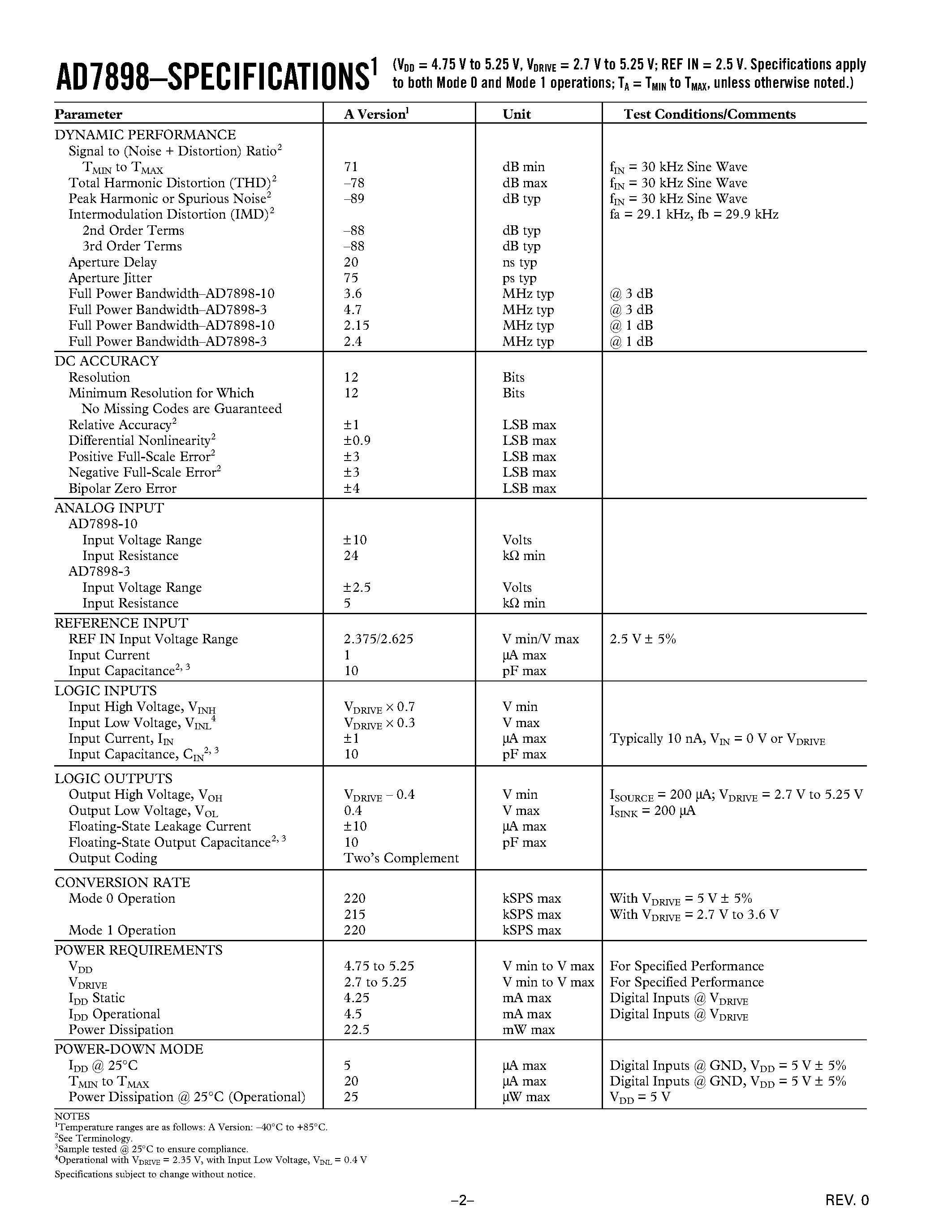 Даташит AD7898AR-10 - 5 V/ 12-Bit/ Serial 220 kSPS ADC in an 8-Lead Package страница 2