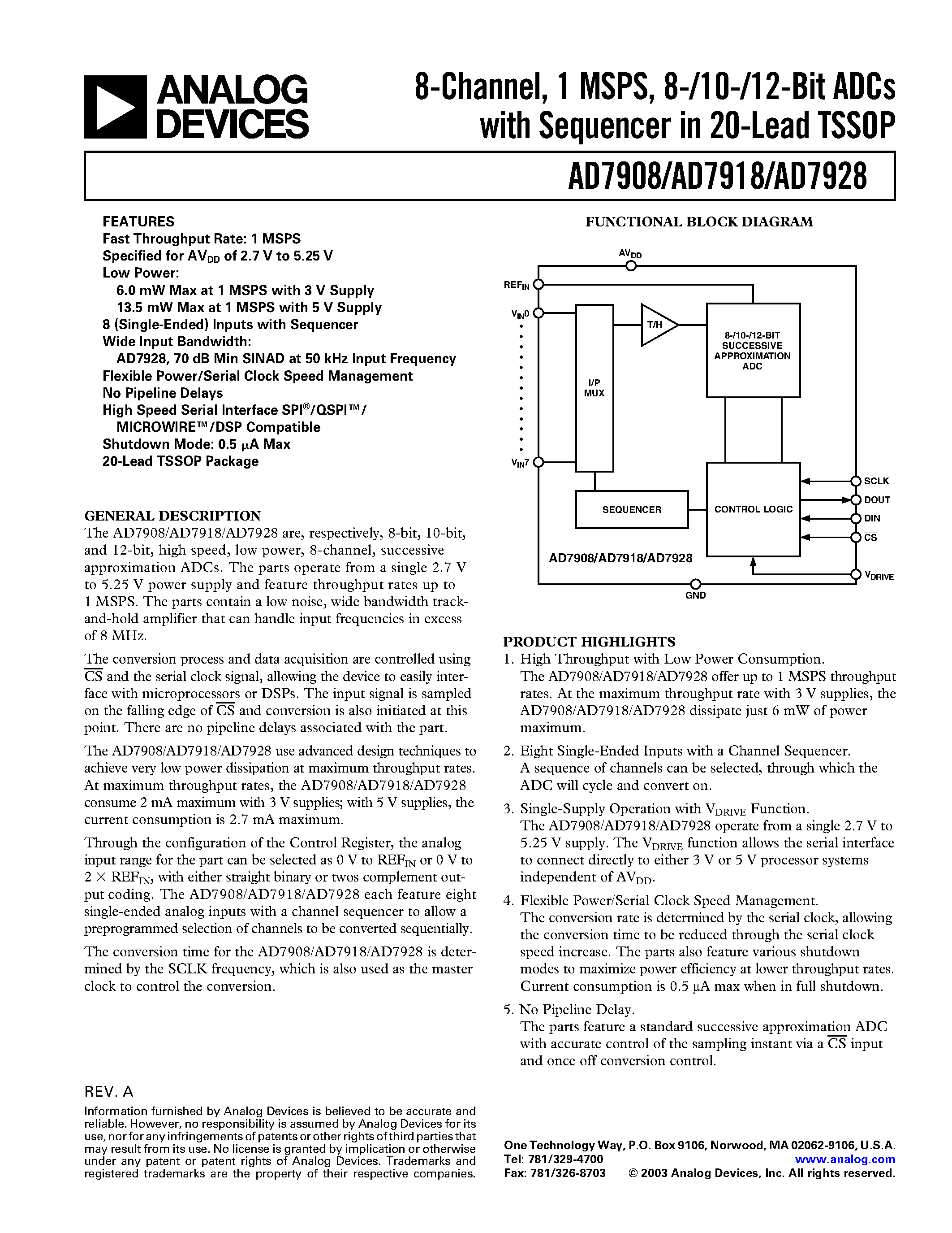 Даташит AD7908 - 8-Channel/ 1 MSPS/ 8-/10-/12-Bit ADCs with Sequencer in 20-Lead TSSOP страница 1