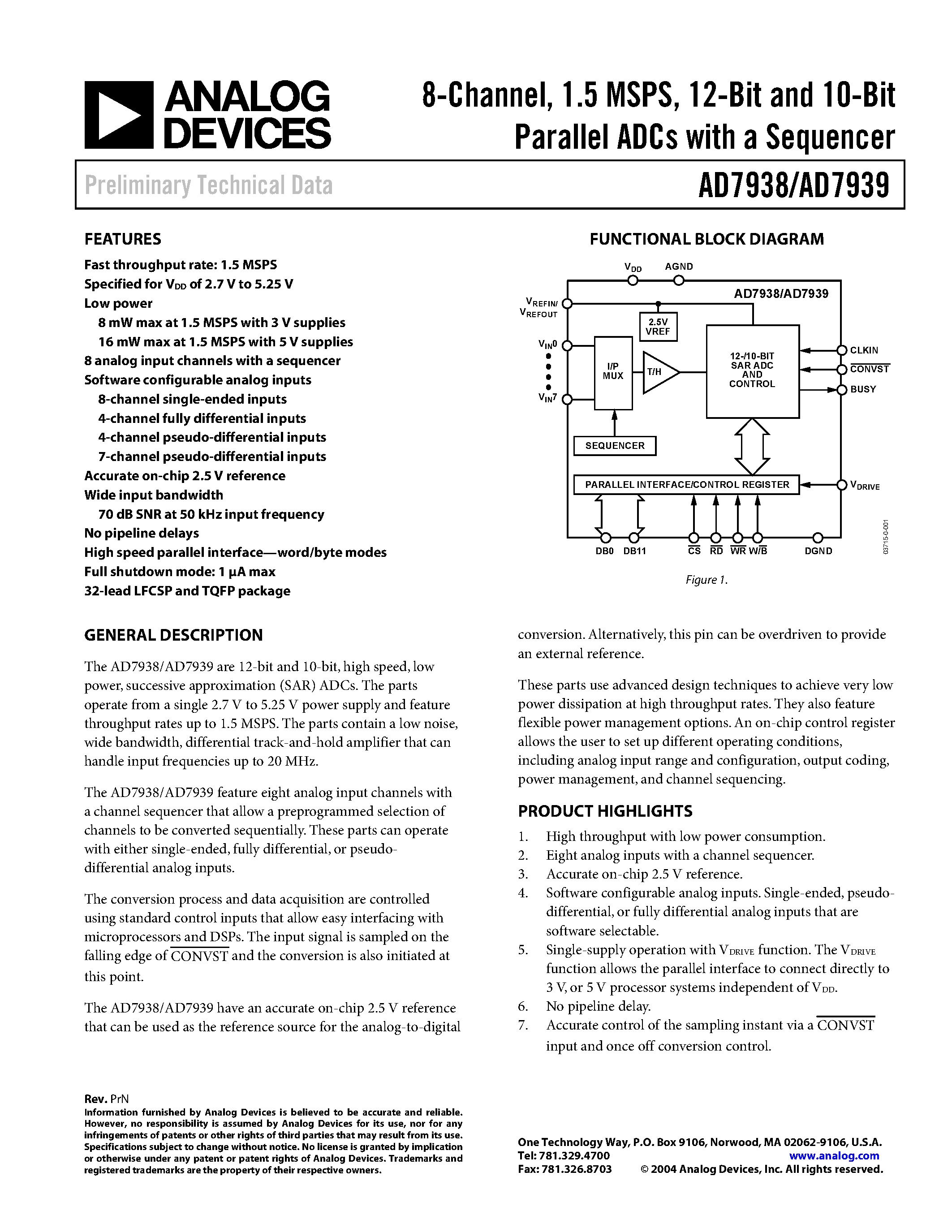 Datasheet AD7938BCP - 8-Channel/ 1.5 MSPS/ 12-Bit and 10-Bit Parallel ADCs with a Sequencer page 1