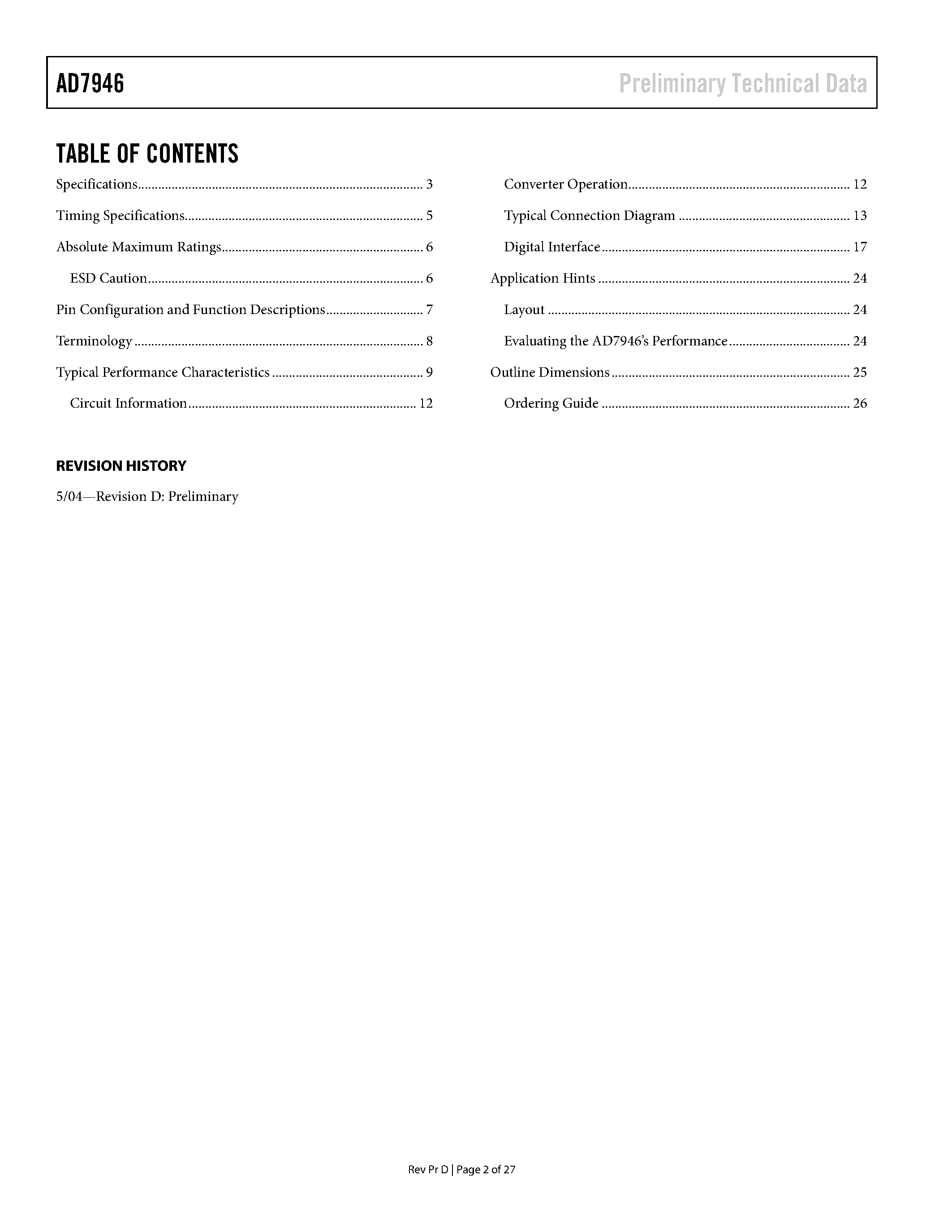 Datasheet AD7946BCPWP - 14-Bit/ 500 kSPS PulSAR ADC in MSOP/QFN page 2