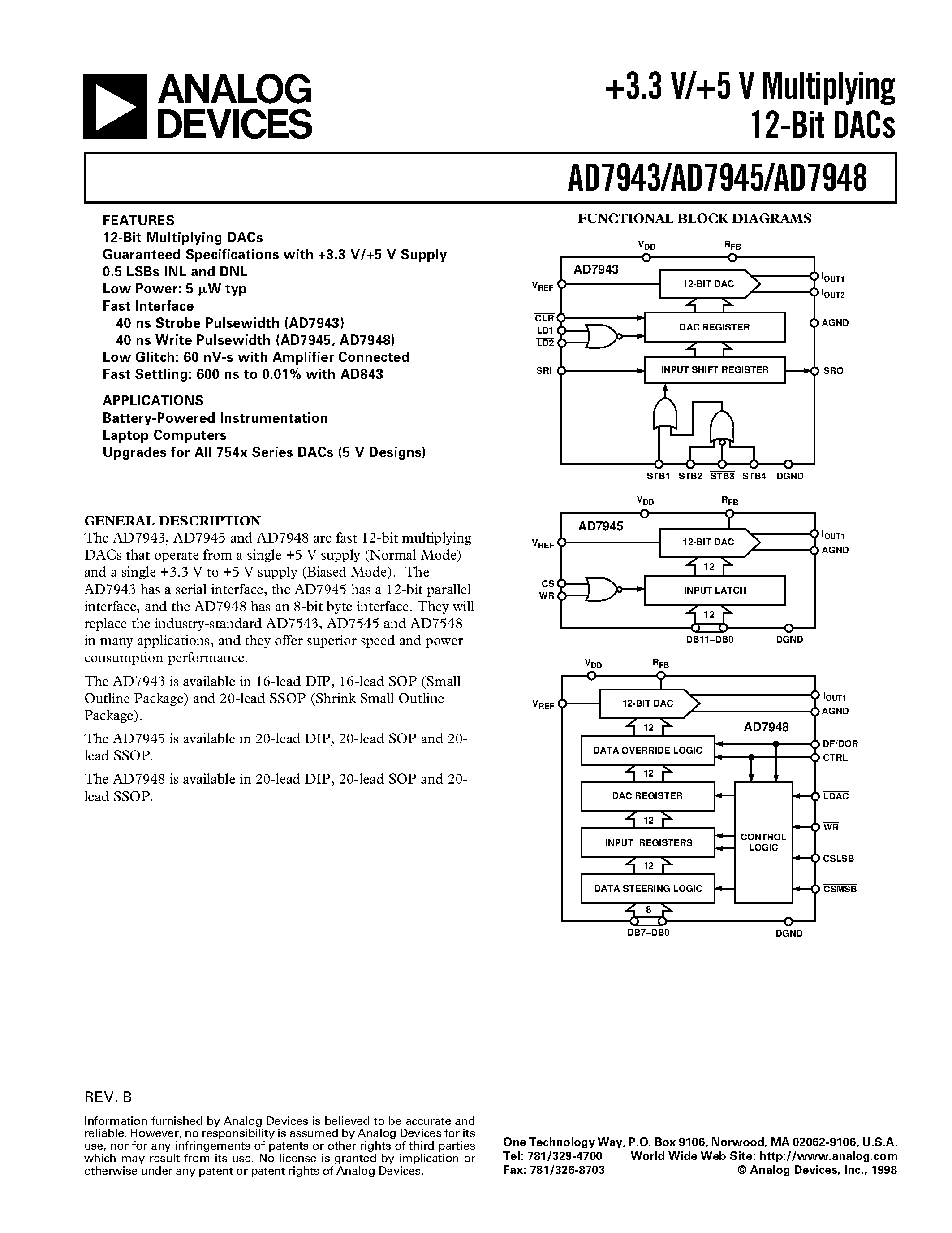 Даташит AD7948ARS-B - +3.3 V/+5 V Multiplying 12-Bit DACs страница 1