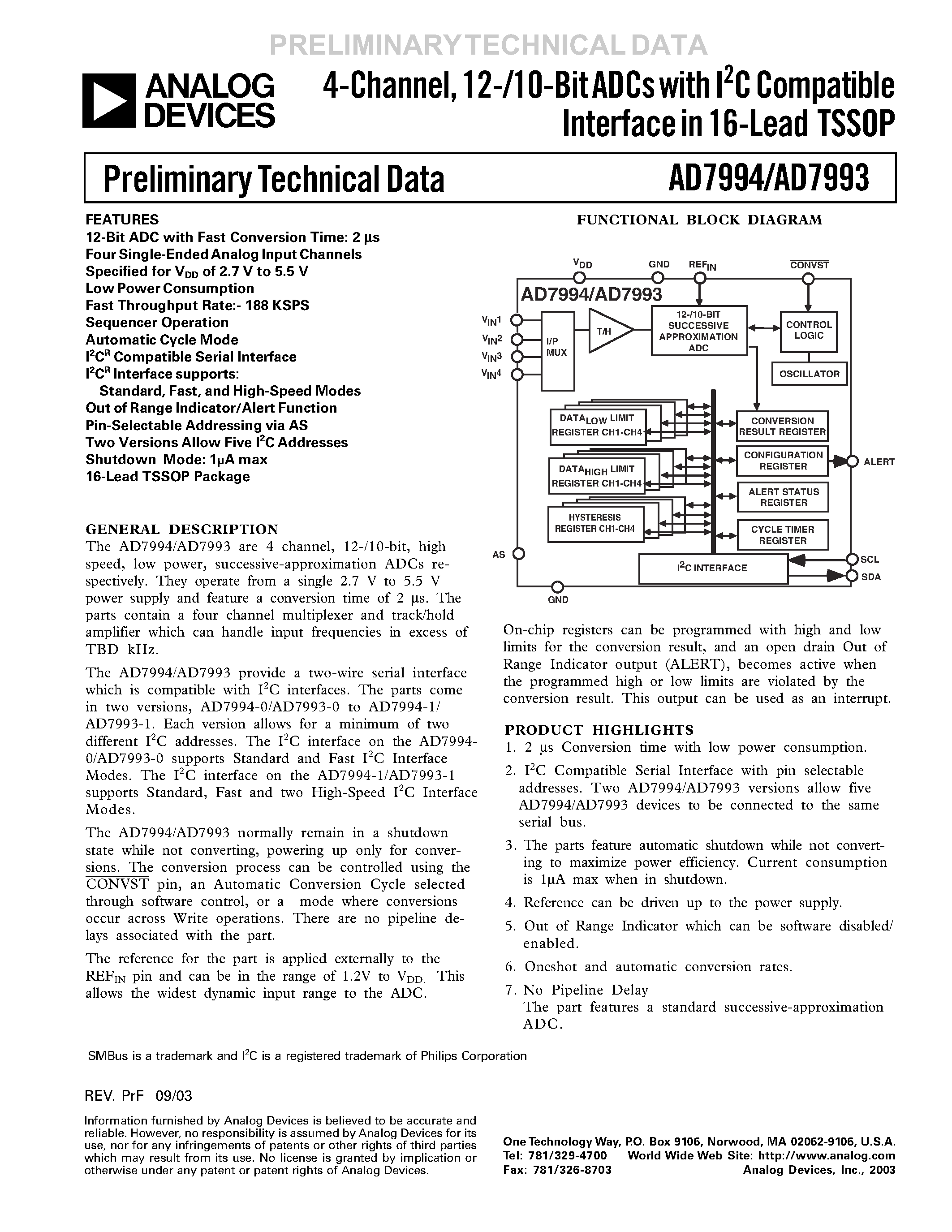 Даташит AD7994BRU-1 - 4-Channel/ 12-/10-Bit ADCs with I2C Compatible Interface in 16-Lead TSSOP страница 1