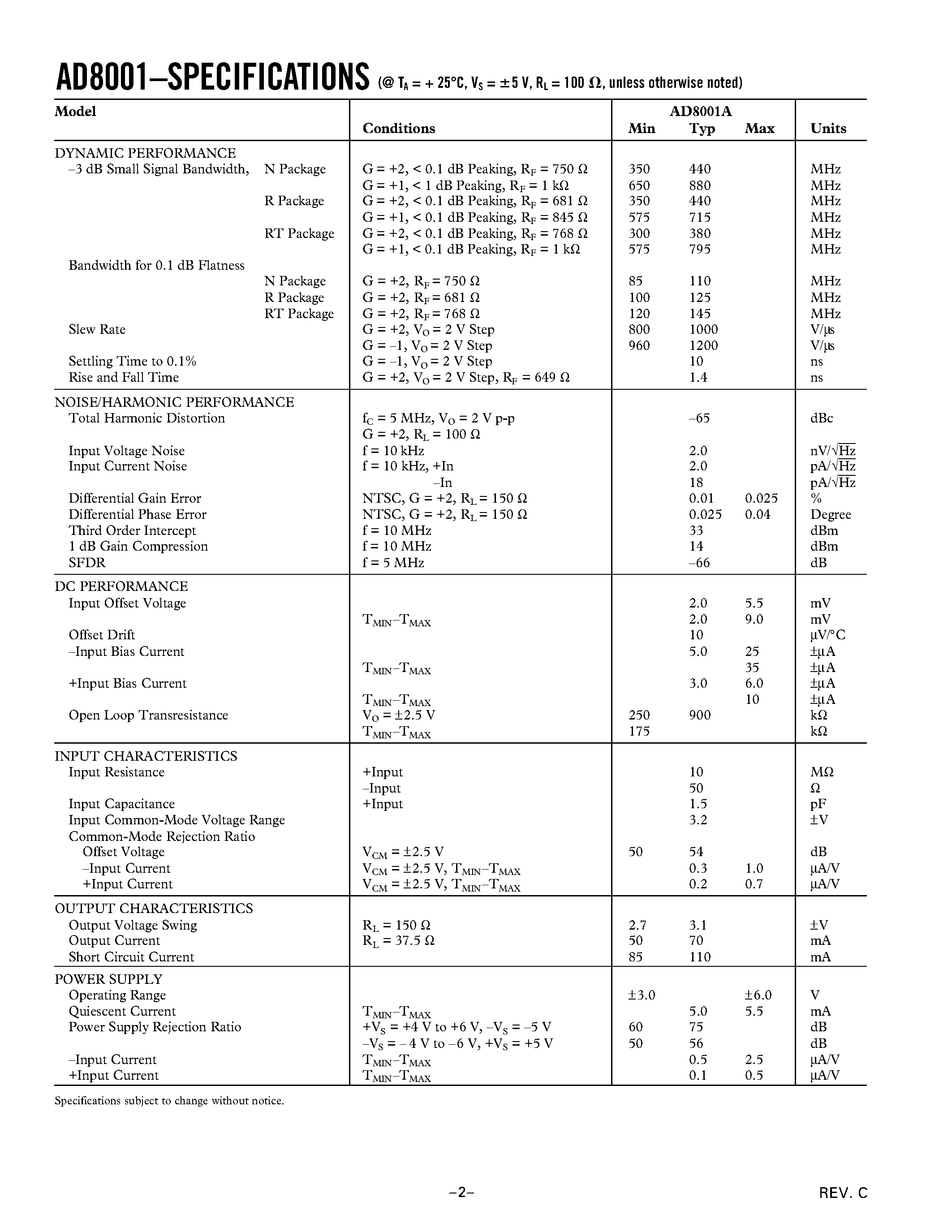Datasheet AD8001AR-REEL7 - 800 MHz/ 50 mW Current Feedback Amplifier page 2