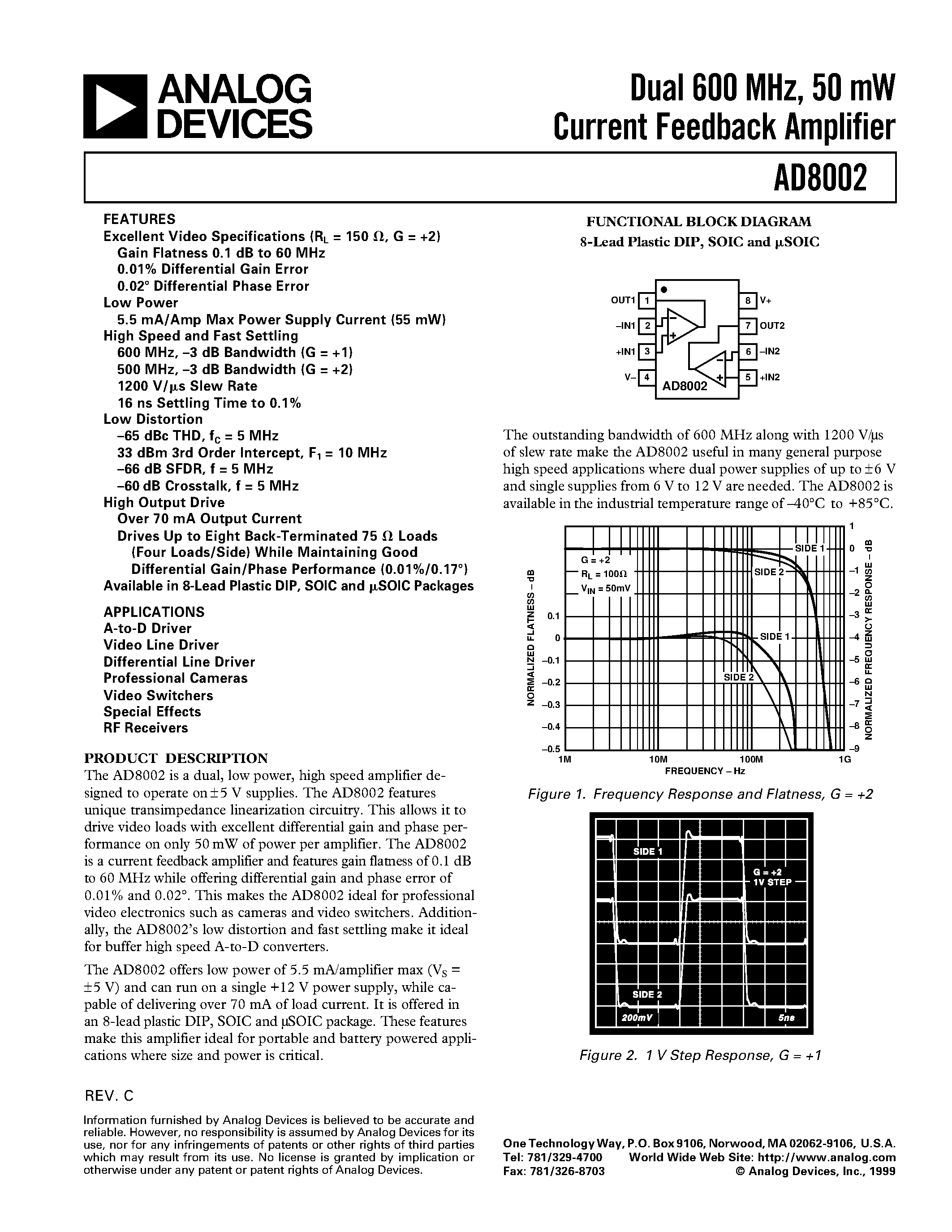 Datasheet AD8002AR-REEL7 - Dual 600 MHz/ 50 mW Current Feedback Amplifier page 1