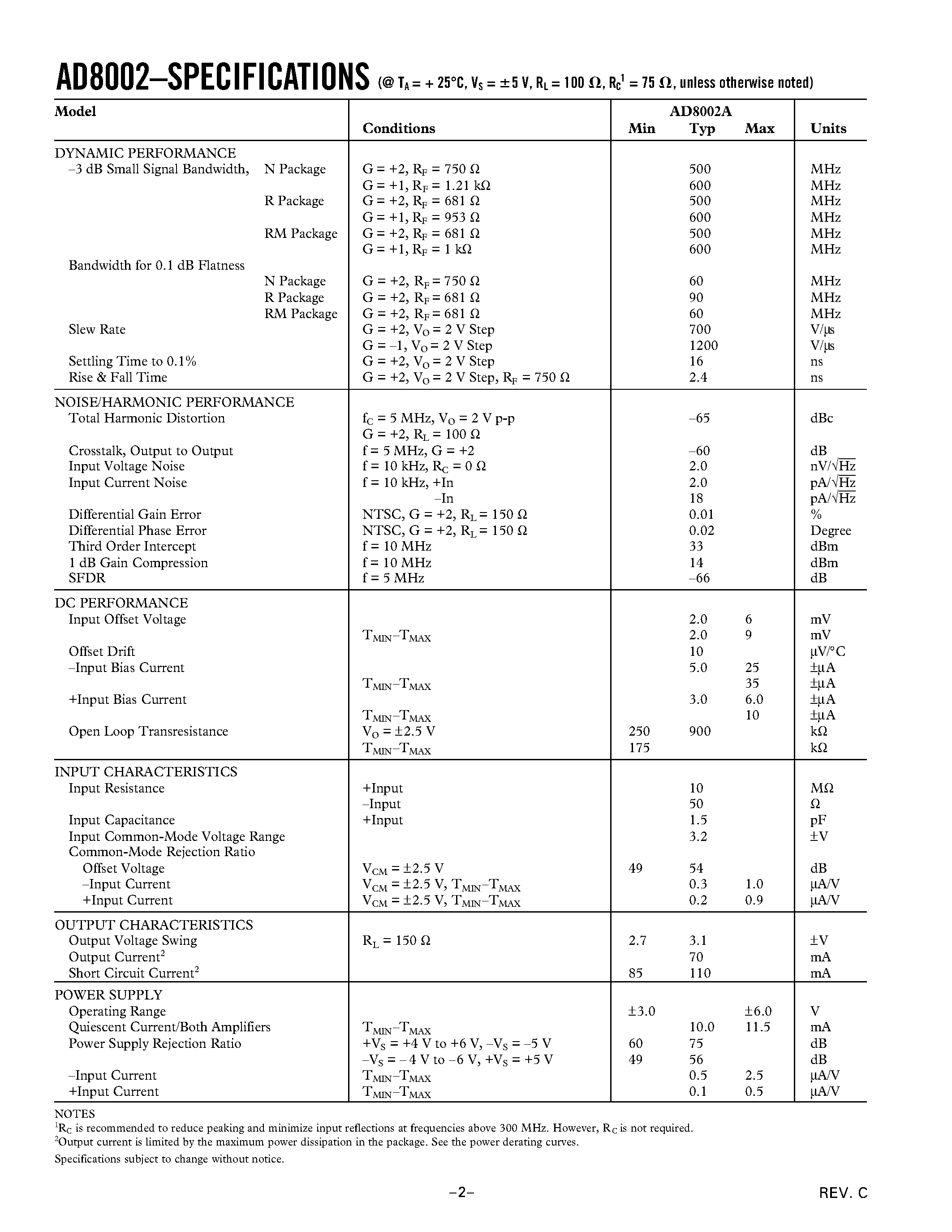 Datasheet AD8002ARM-REEL7 - Dual 600 MHz/ 50 mW Current Feedback Amplifier page 2