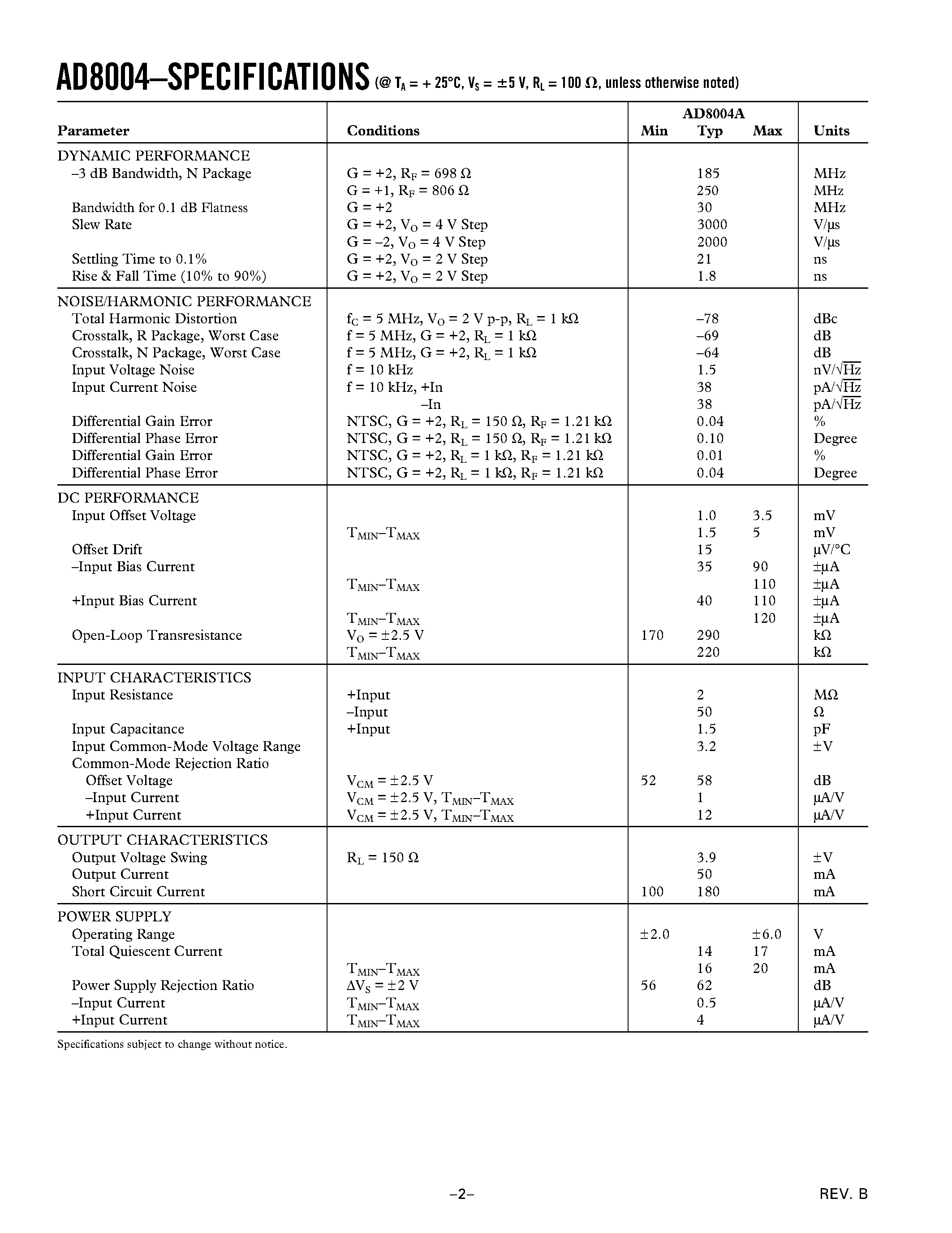 Datasheet AD8004AR-14 - Quad 3000 V/us/ 35 mW Current Feedback Amplifier page 2