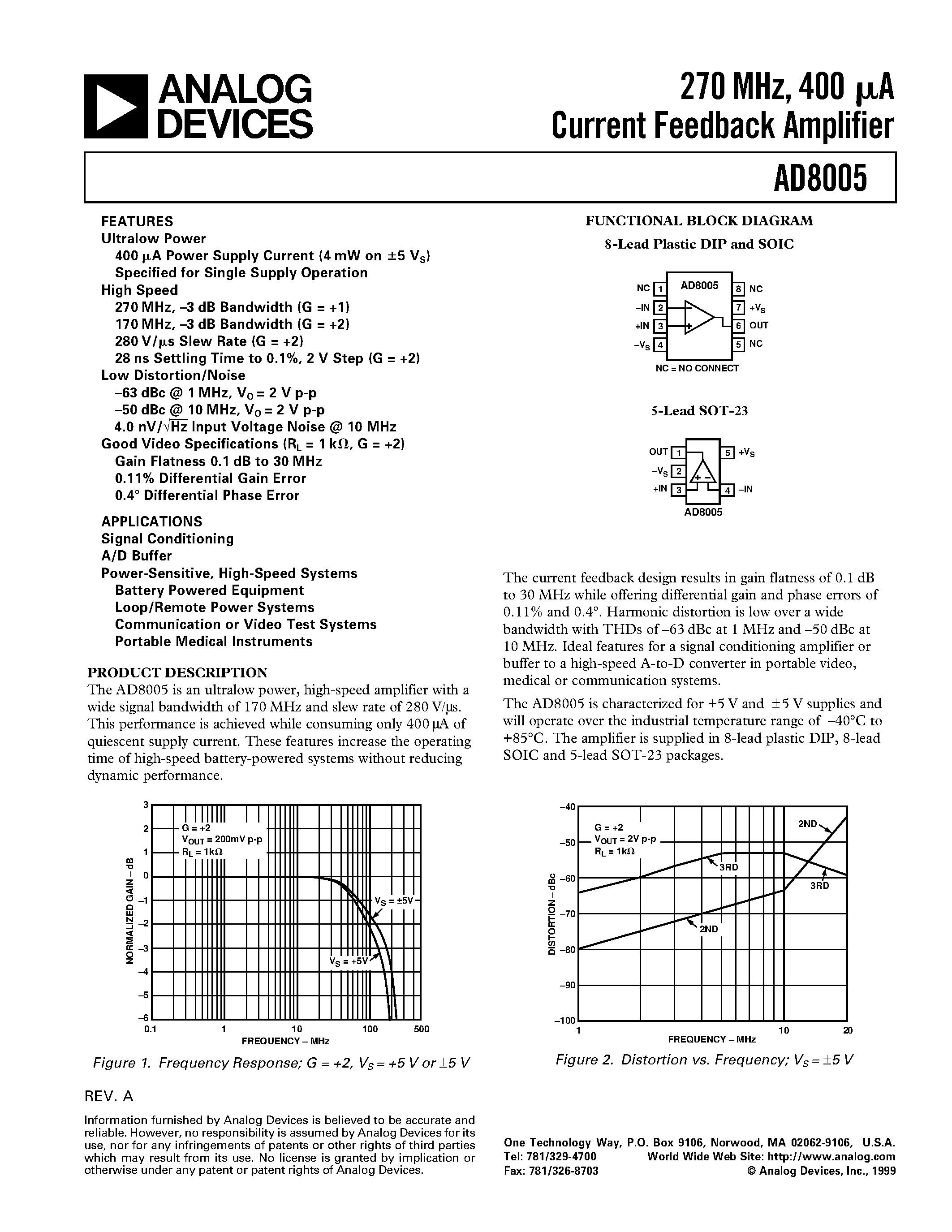 Даташит AD8005AN - 270 MHz/ 400 uA Current Feedback Amplifier страница 1