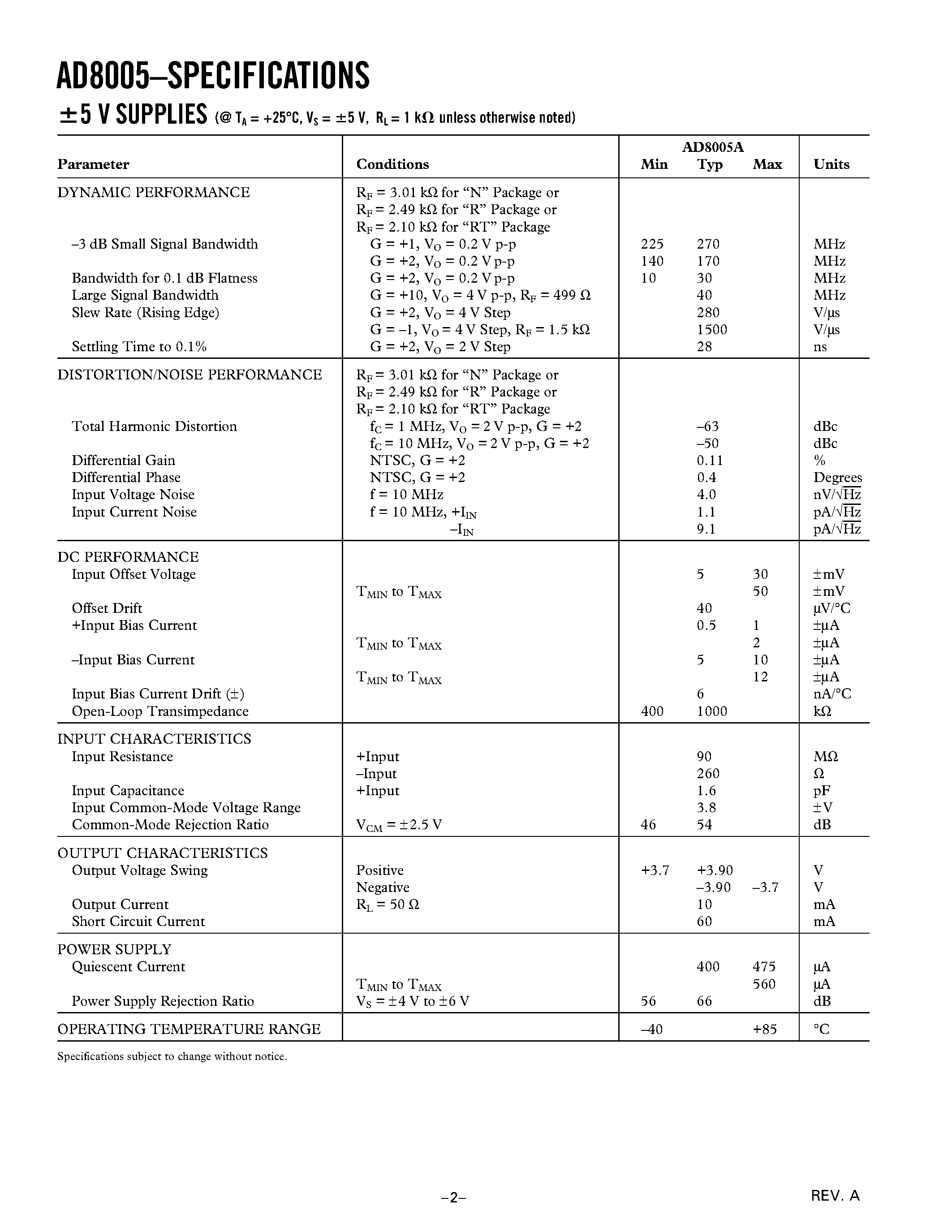 Datasheet AD8005ART-REEL7 - 270 MHz/ 400 uA Current Feedback Amplifier page 2
