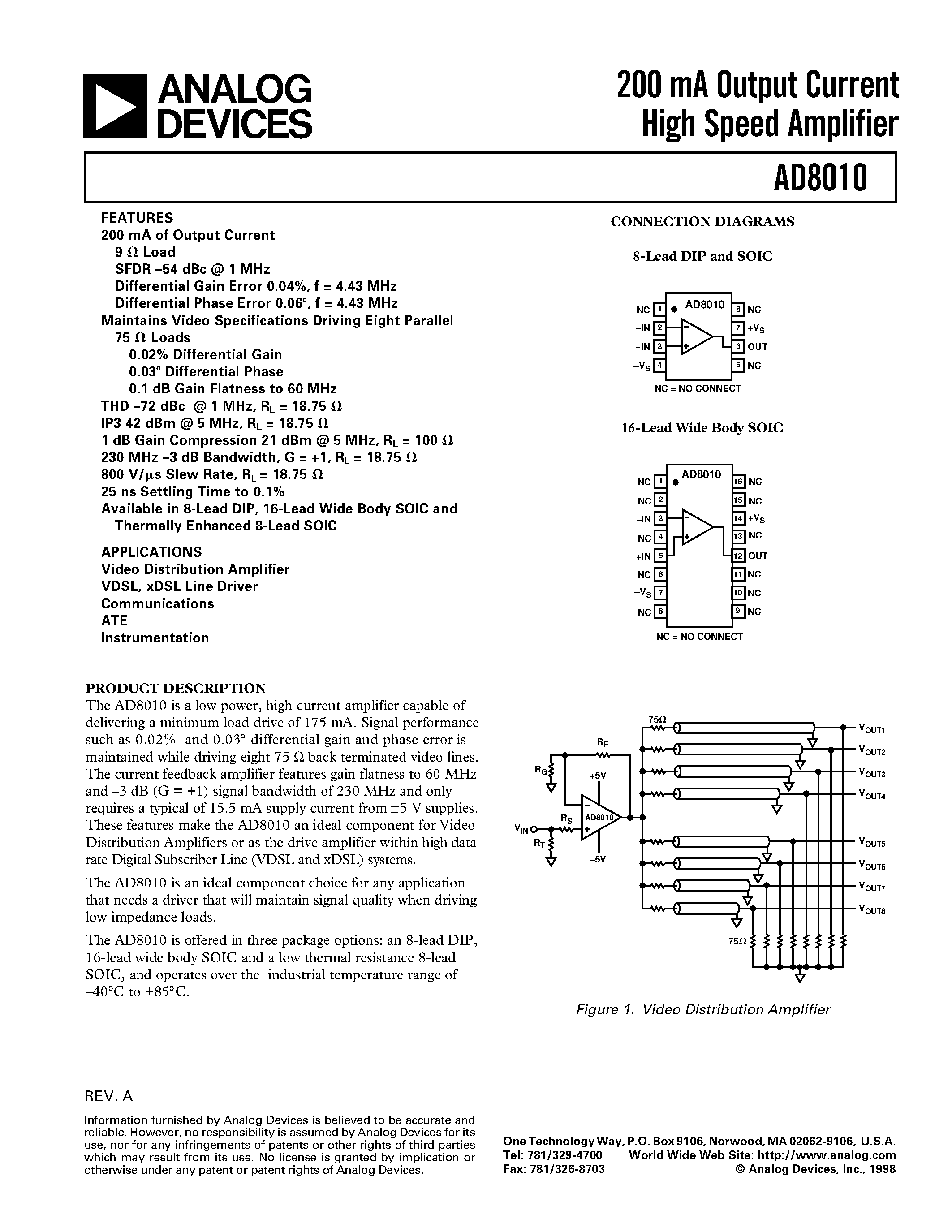 Datasheet AD8010AR-16 page 1 Datasheet AD8010AR-16 - 200 mA Output Current High Speed Amplifier page 1