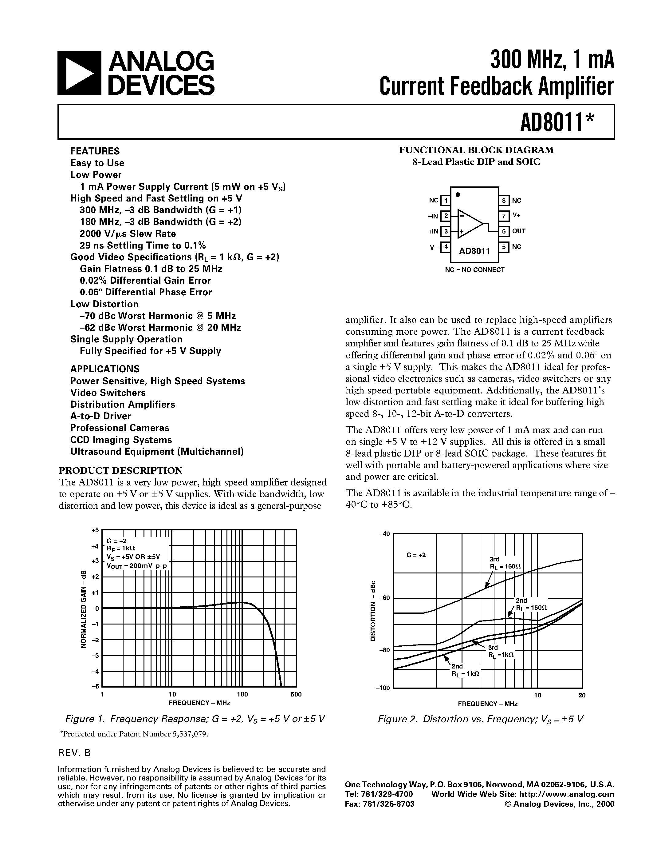 Datasheet AD8011 - 300 MHz/ 1 mA Current Feedback Amplifier page 1