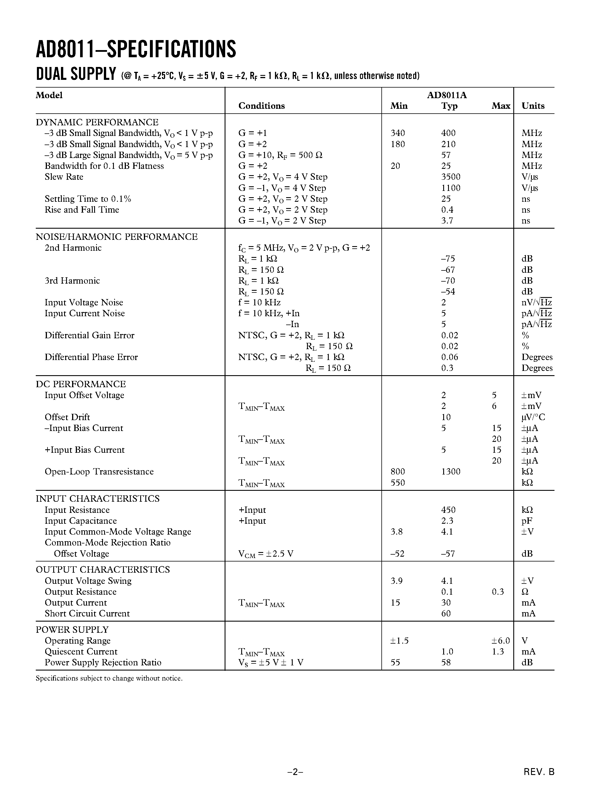 Datasheet AD8011 - 300 MHz/ 1 mA Current Feedback Amplifier page 2