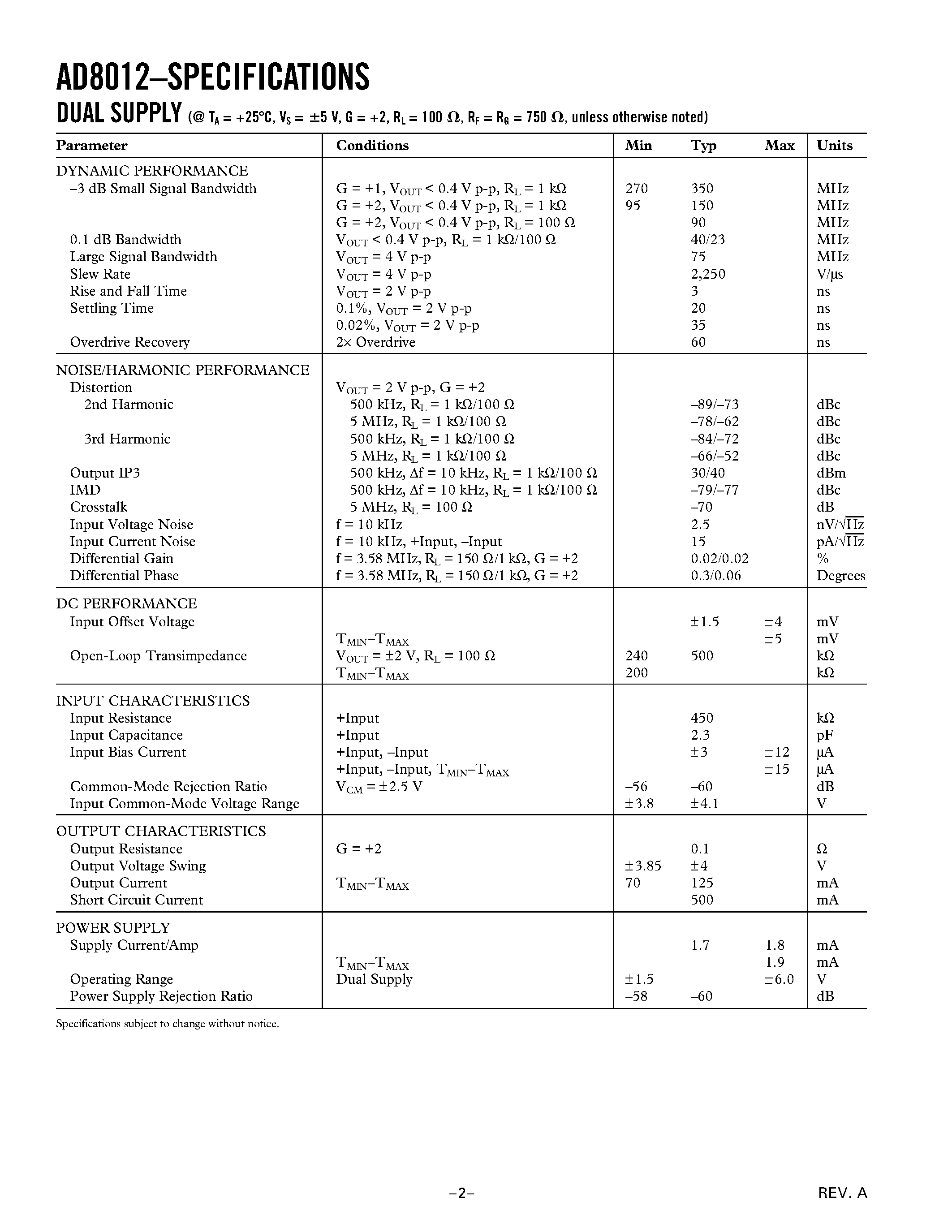 Datasheet AD8012AR - Dual 350 MHz Low Power Amplifier page 2