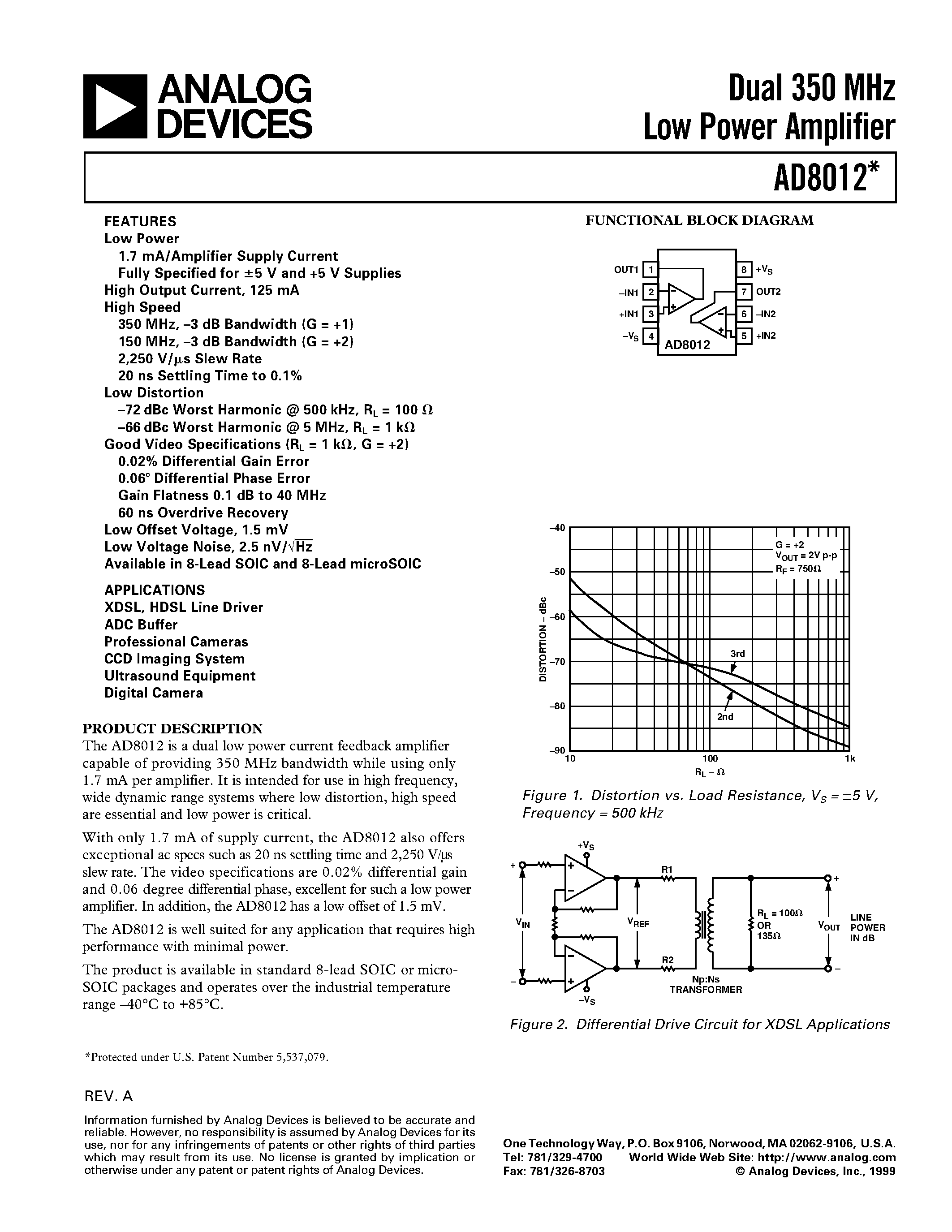 Datasheet AD8012ARM-REEL7 - Dual 350 MHz Low Power Amplifier page 1
