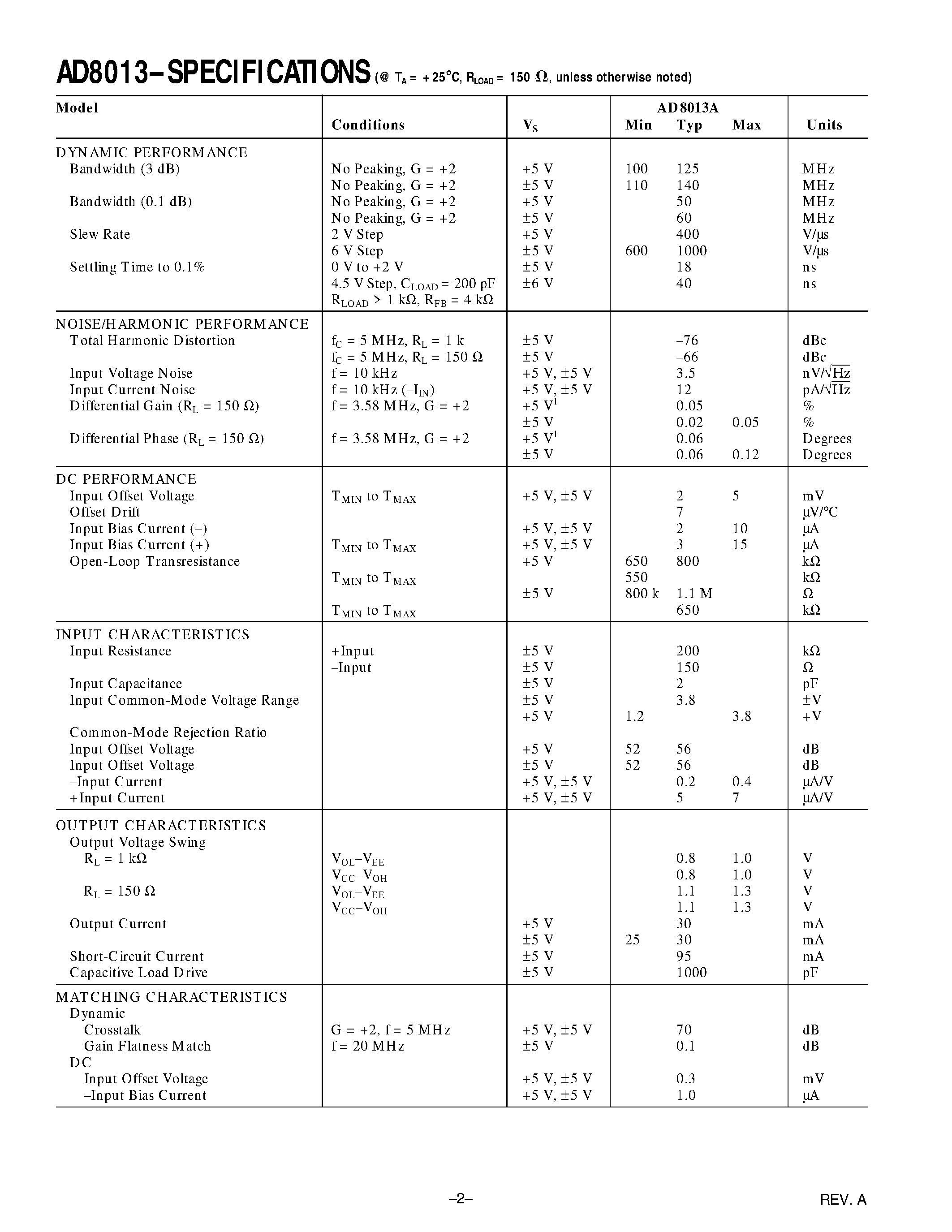 Datasheet AD8013 - Single Supply/ Low Power/ Triple Video Amplifier page 2
