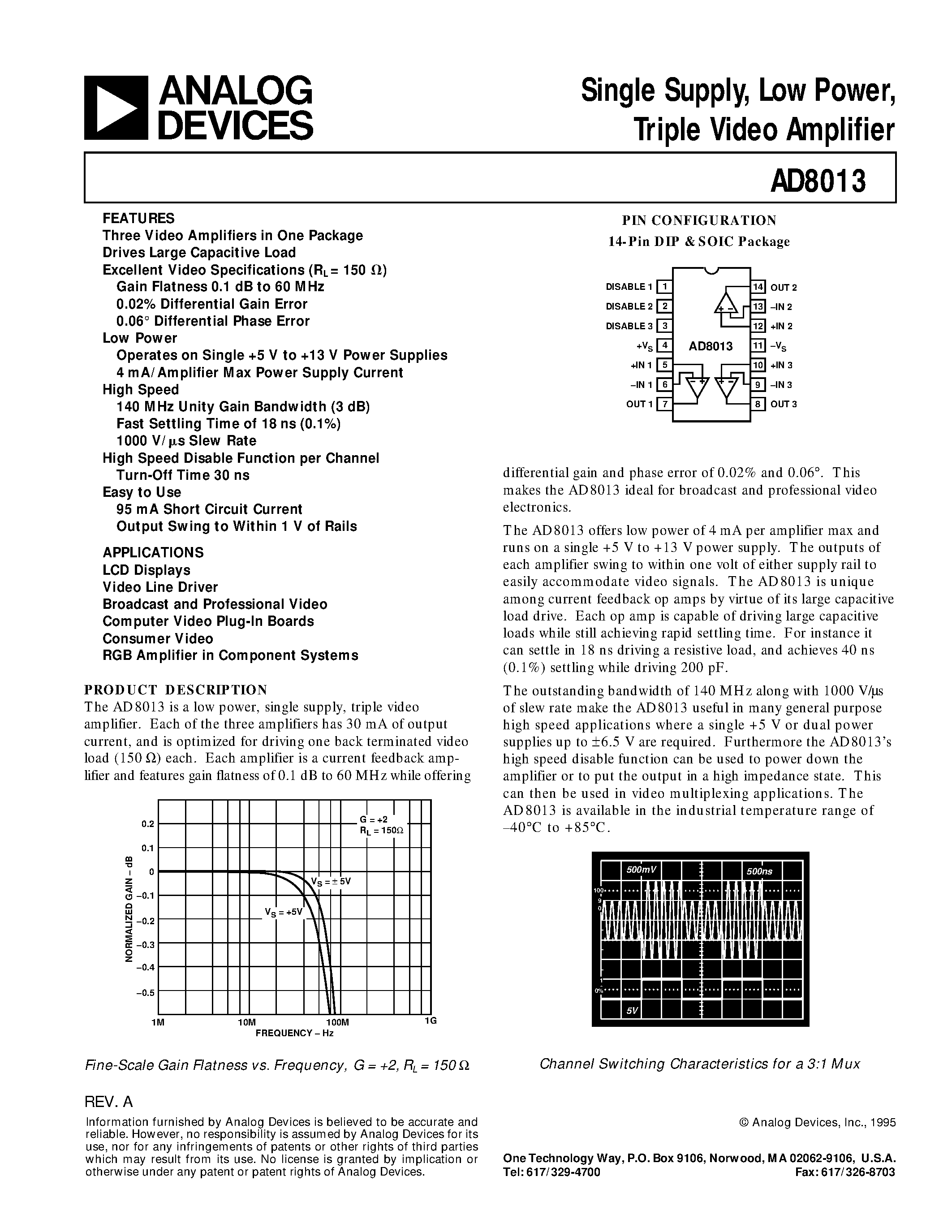 Datasheet AD8013AR-14-REEL7 - Single Supply/ Low Power/ Triple Video Amplifier page 1