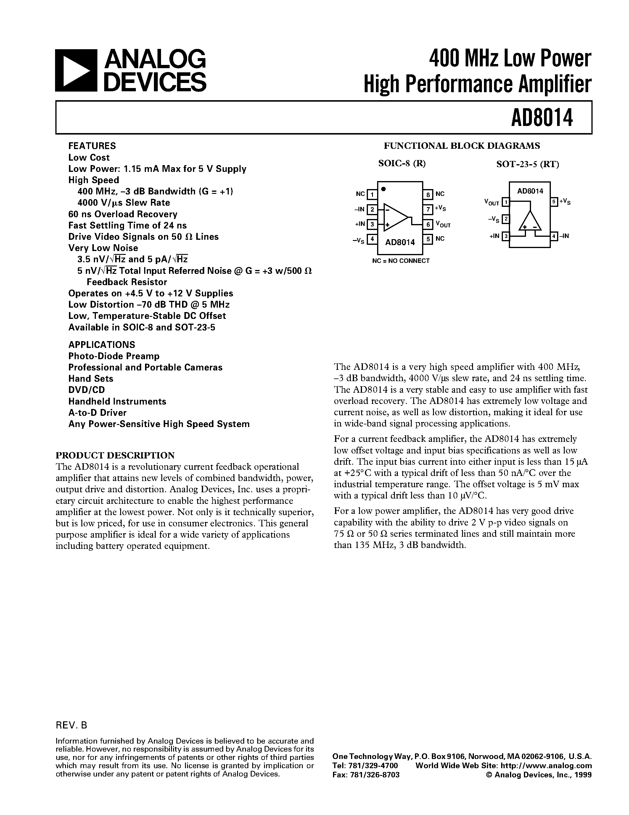 Datasheet AD8014AChips - 400 MHz Low Power High Performance Amplifier page 1