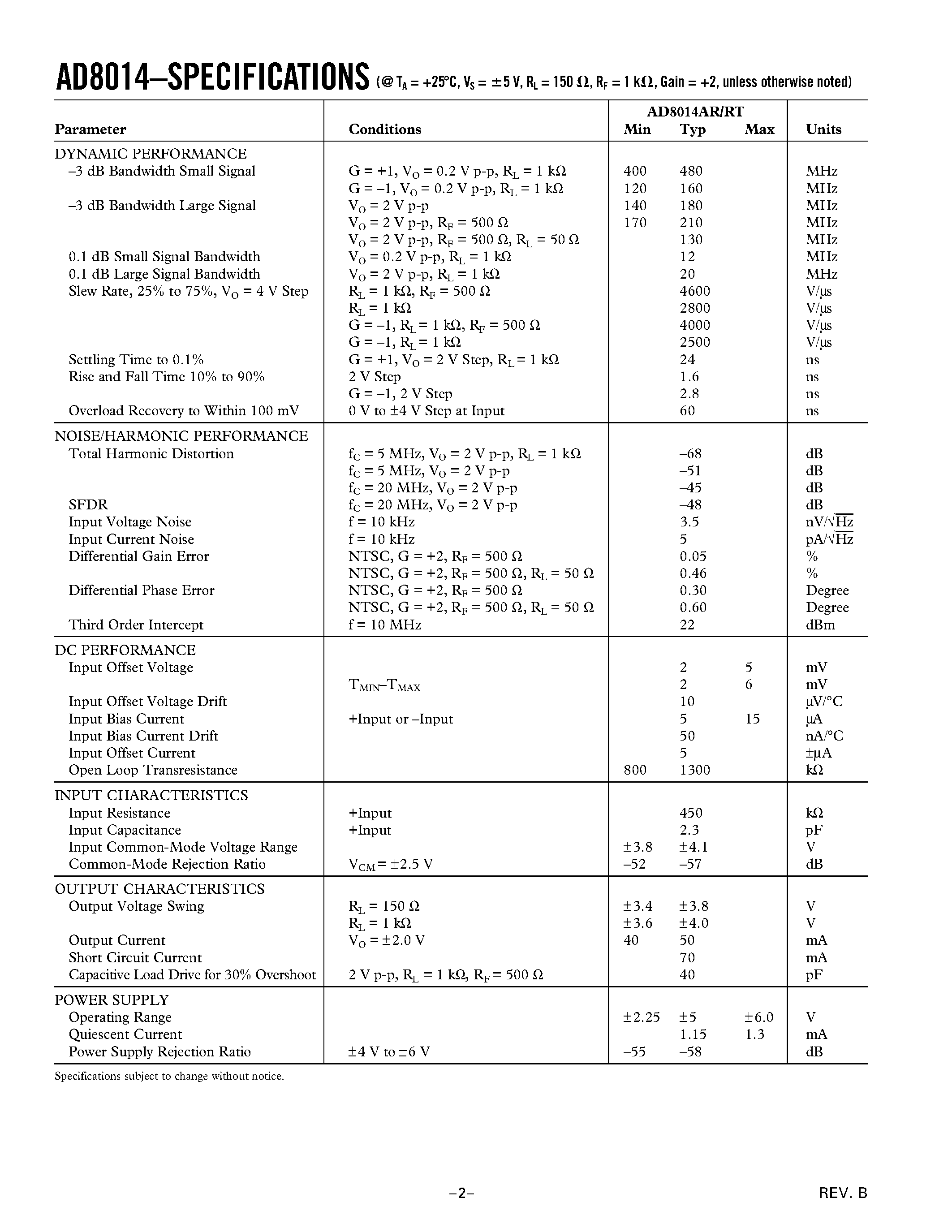 Datasheet AD8014AChips - 400 MHz Low Power High Performance Amplifier page 2
