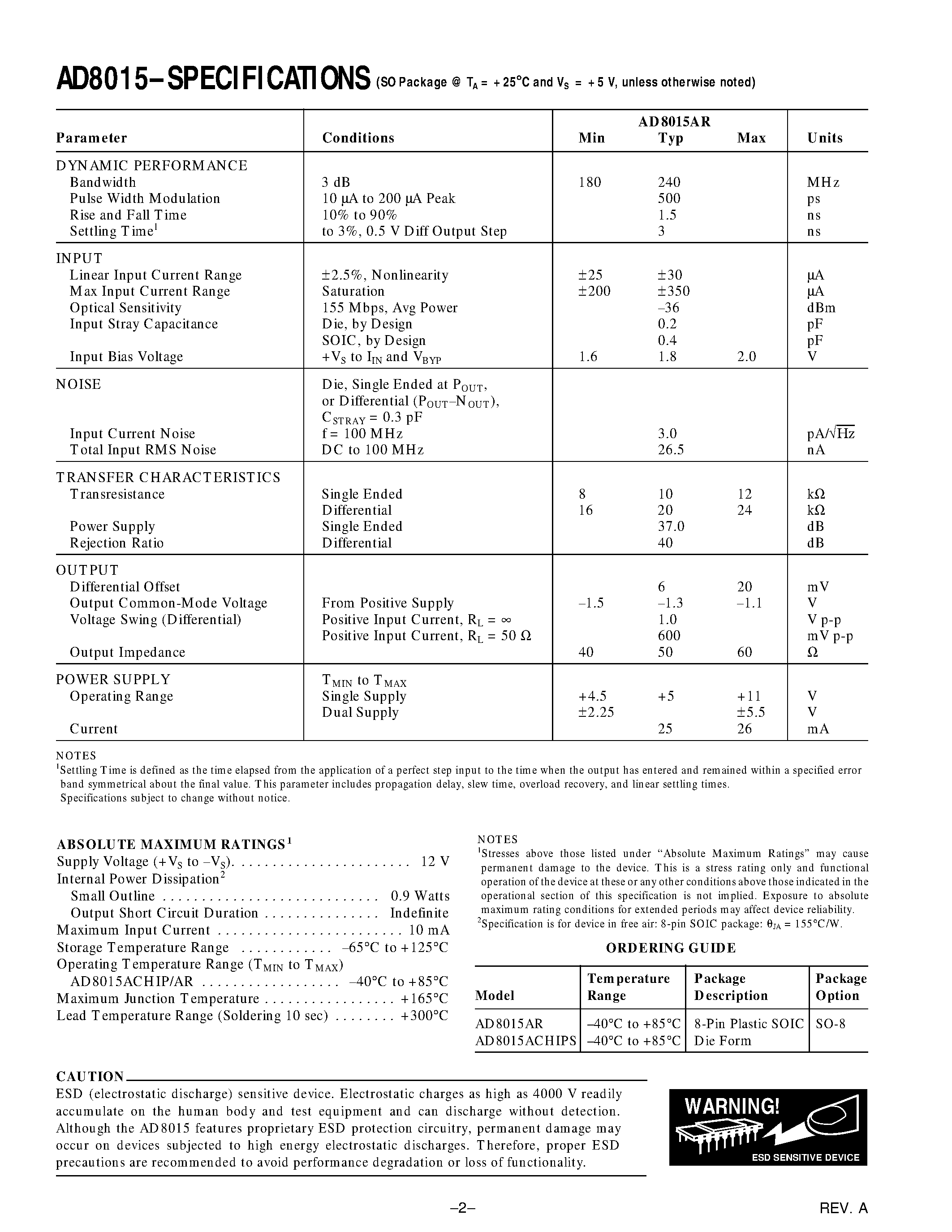 Datasheet AD8015 - Wideband/Differential Output Transimpedance Amplifier page 2