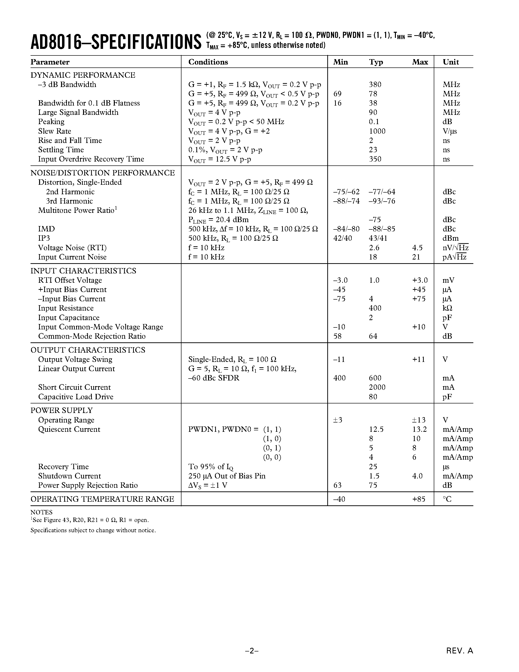 Datasheet AD8016ARE-EVAL - Low Power/ High Output Current xDSL Line Driver page 2