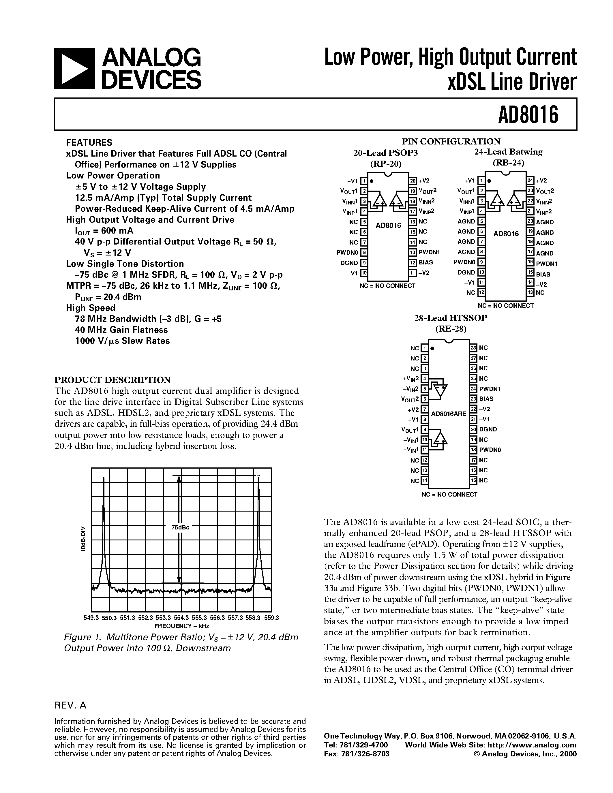 Datasheet AD8016ARE-Reel - Low Power/ High Output Current xDSL Line Driver page 1