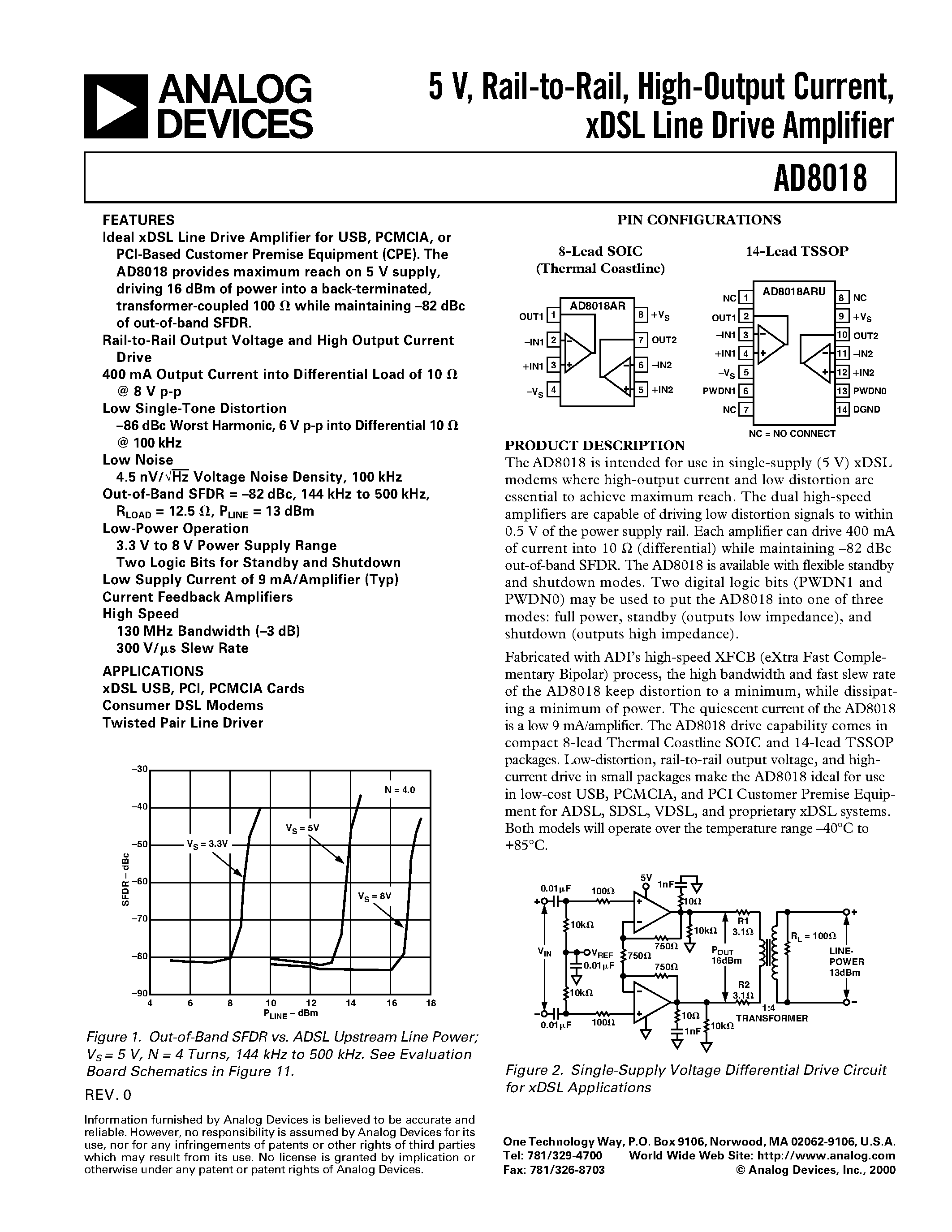 Datasheet AD8018ARU page 1 Datasheet AD8018ARU - 5 V/ Rail-to-Rail/ High-Output Current/ xDSL Line Drive Amplifier page 1