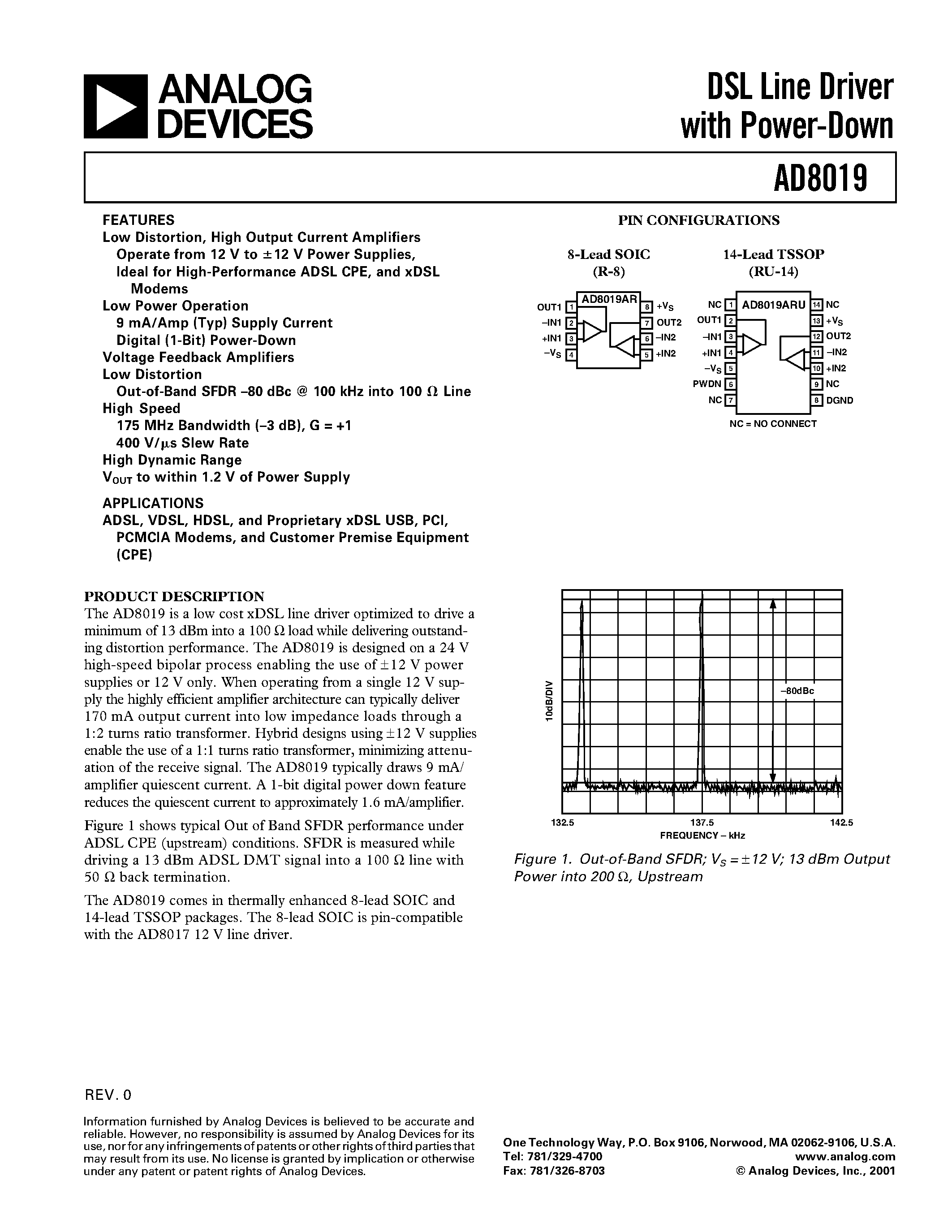 Datasheet AD8019AR-EVAL page 1 Datasheet AD8019AR-EVAL - DSL Line Driver with Power-Down page 1