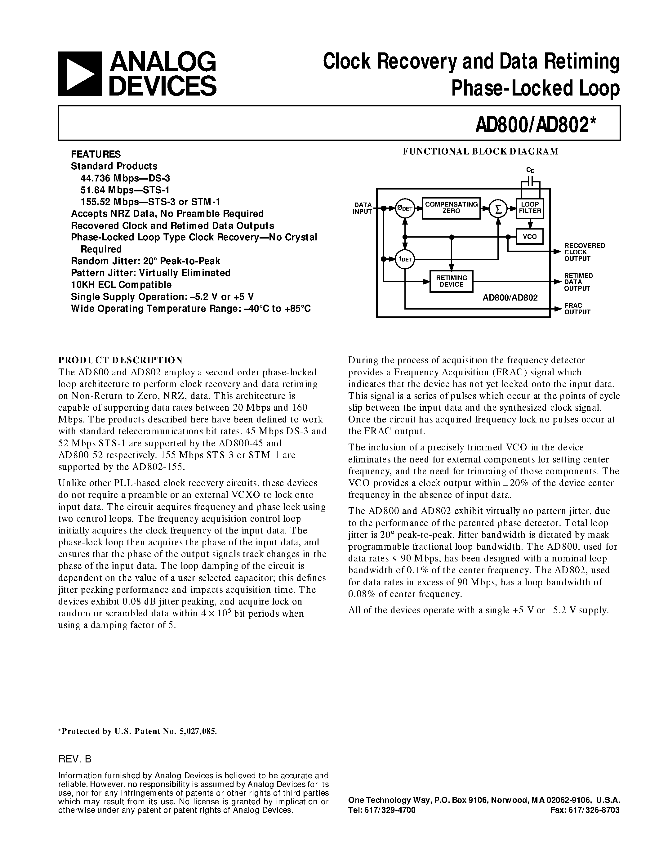 Datasheet AD802 - Clock Recovery and Data Retiming Phase-Locked Loop page 1