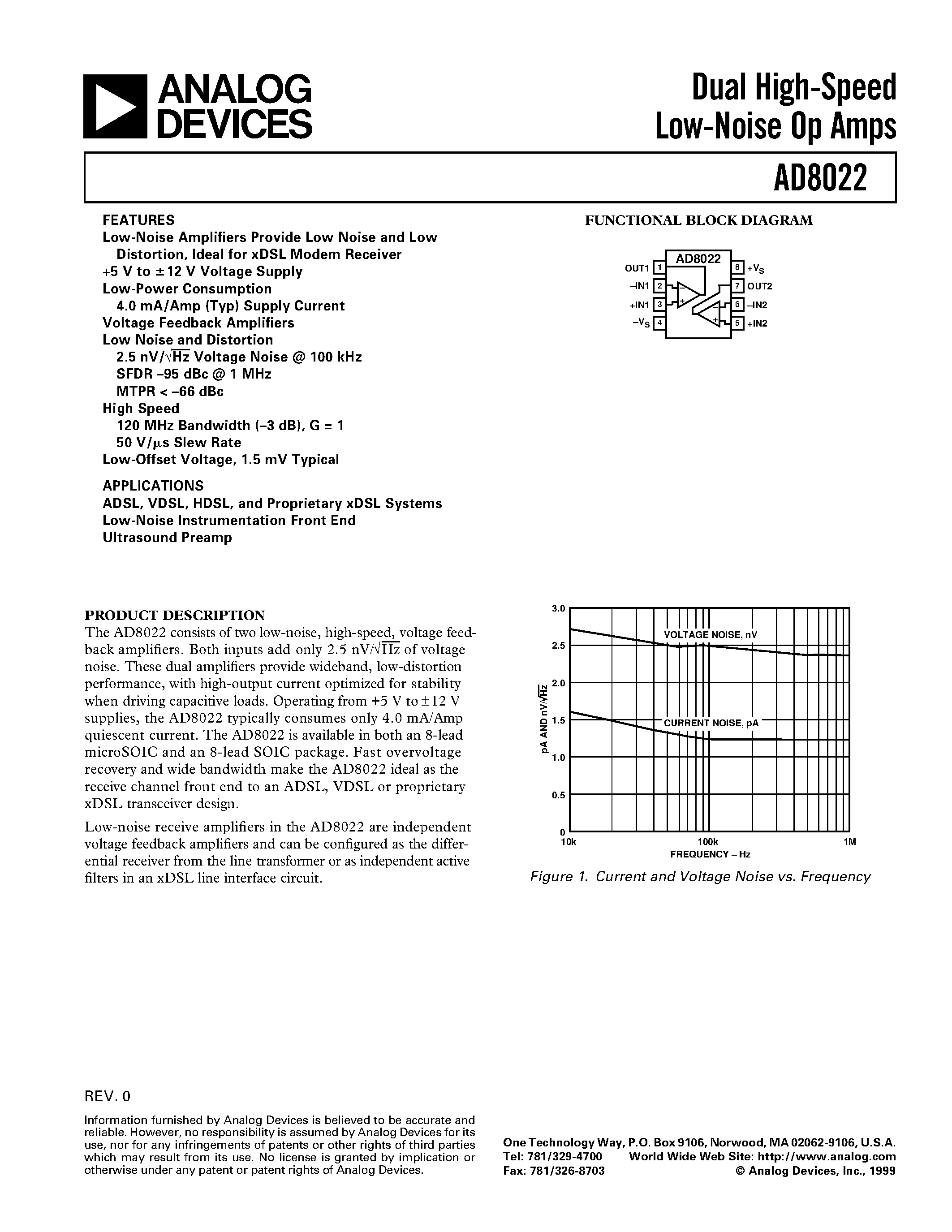 Datasheet AD8022 page 1 Datasheet AD8022 - Dual High-Speed Low-Noise Op Amps page 1