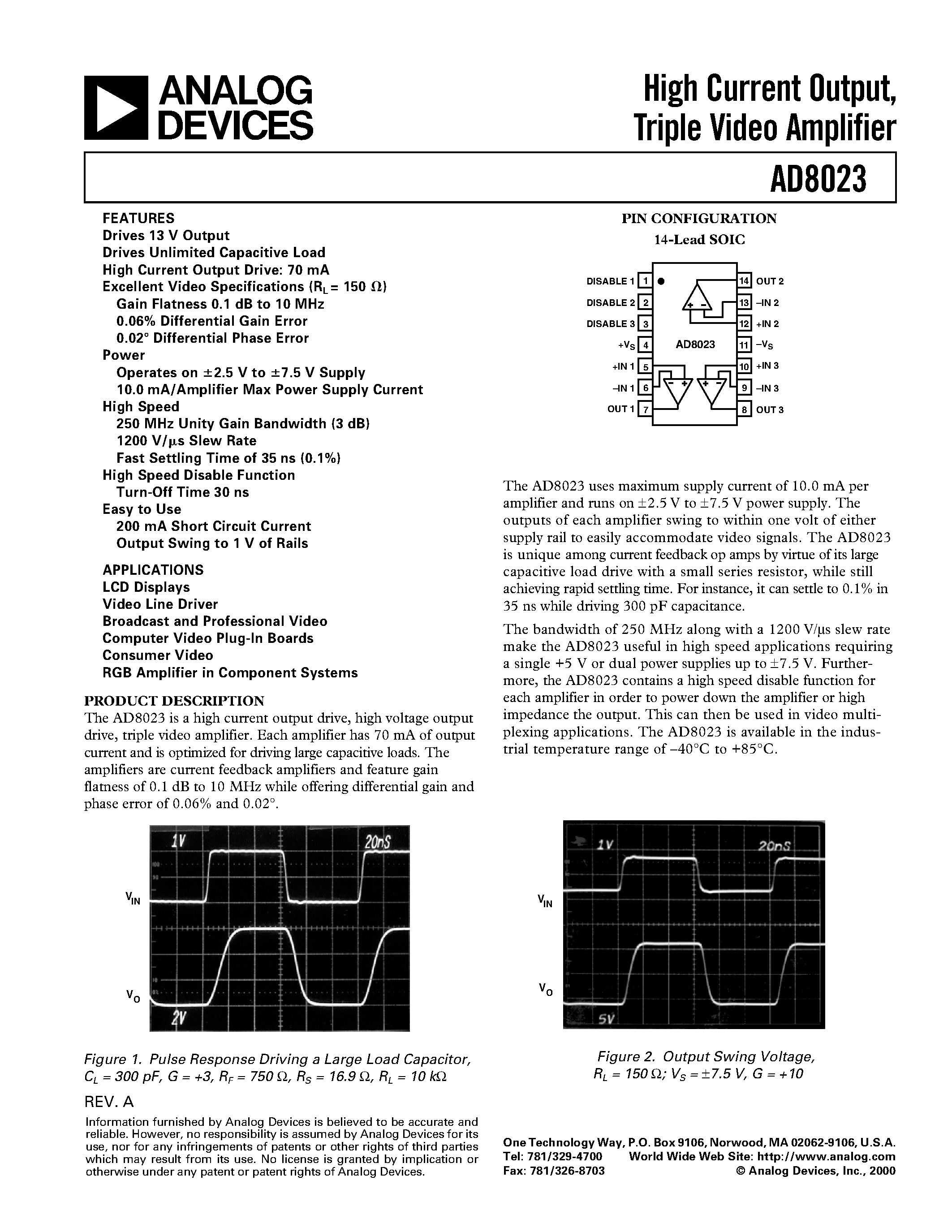 Datasheet AD8023 - High Current Output/ Triple Video Amplifier page 1