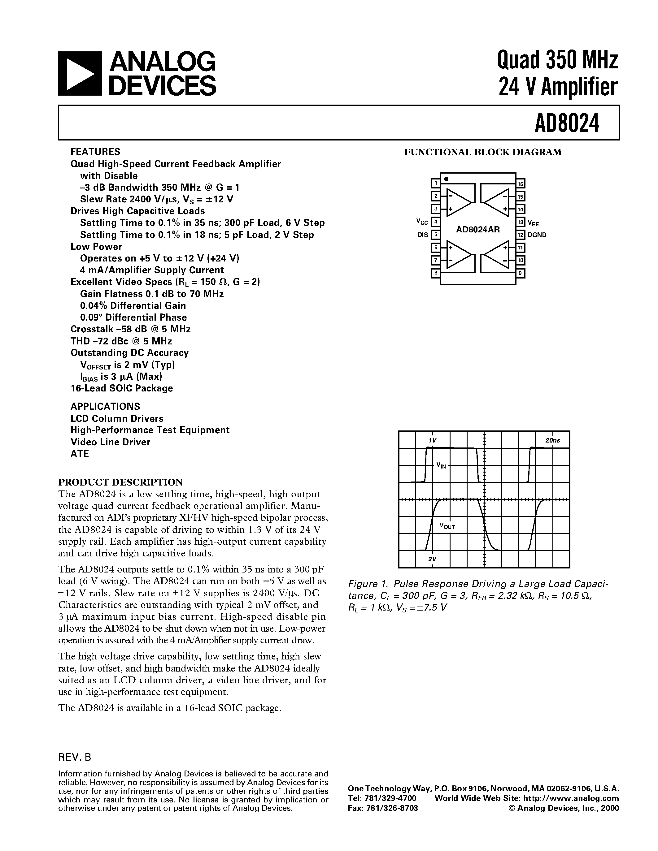 Datasheet AD8024AR-16 page 1 Datasheet AD8024AR-16 - Quad 350 MHz 24 V Amplifier page 1