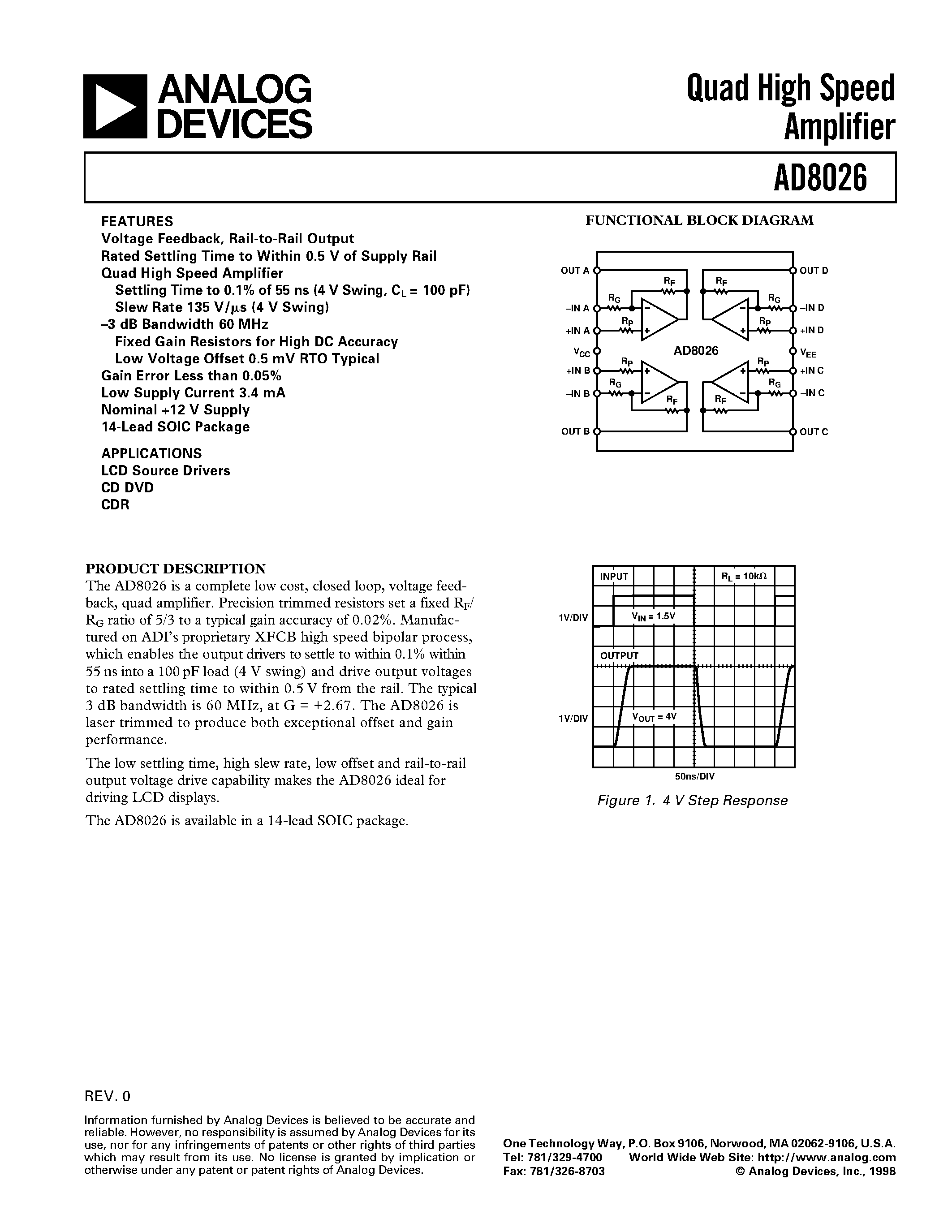 Datasheet AD8026AR-REEL7 page 1 Datasheet AD8026AR-REEL7 - Quad High Speed Amplifier page 1