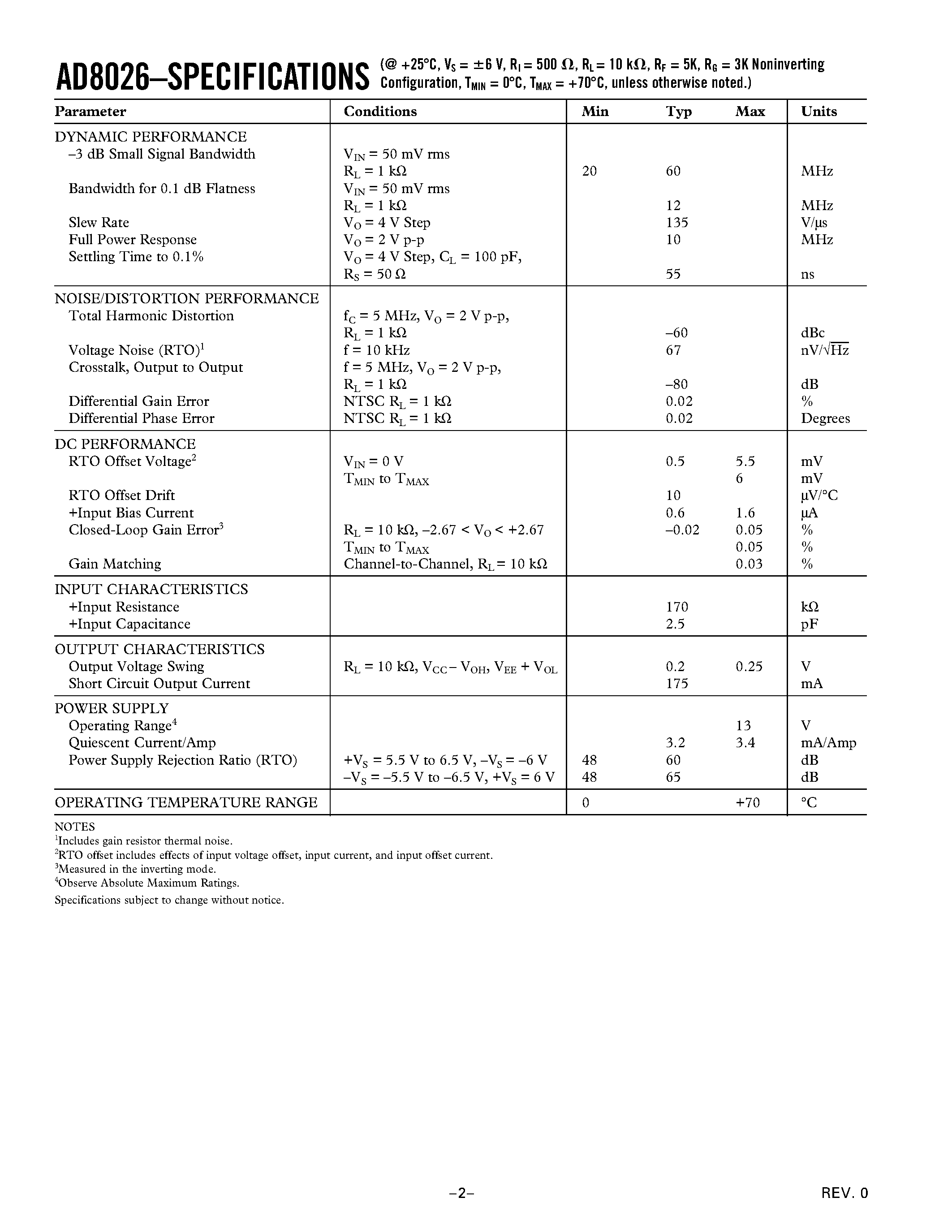 Datasheet AD8026AR-REEL7 page 2 Datasheet AD8026AR-REEL7 - Quad High Speed Amplifier page 2