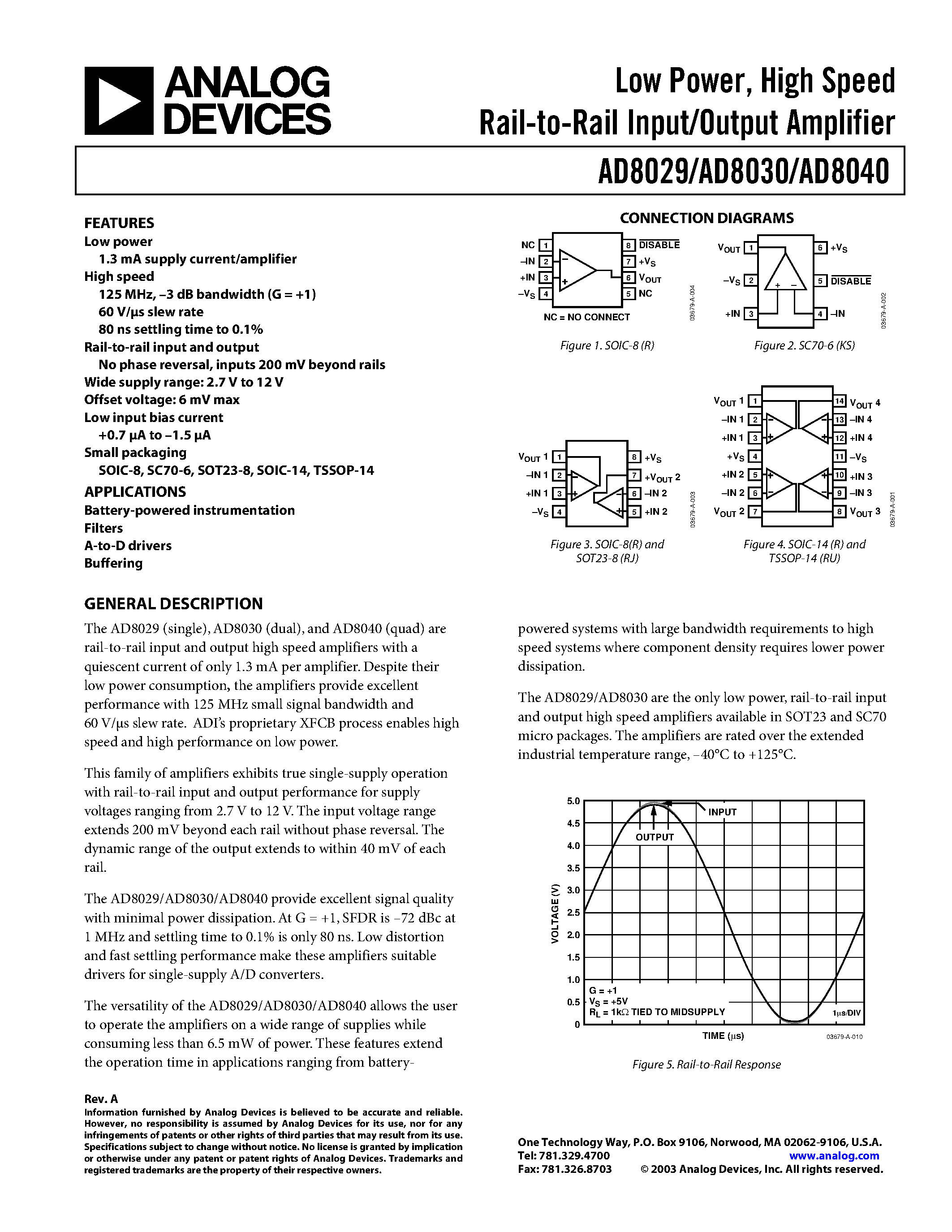 Datasheet AD8029AR-REEL7 - Low Power/ High Speed Rail-to-Rail Input/Output Amplifier page 1