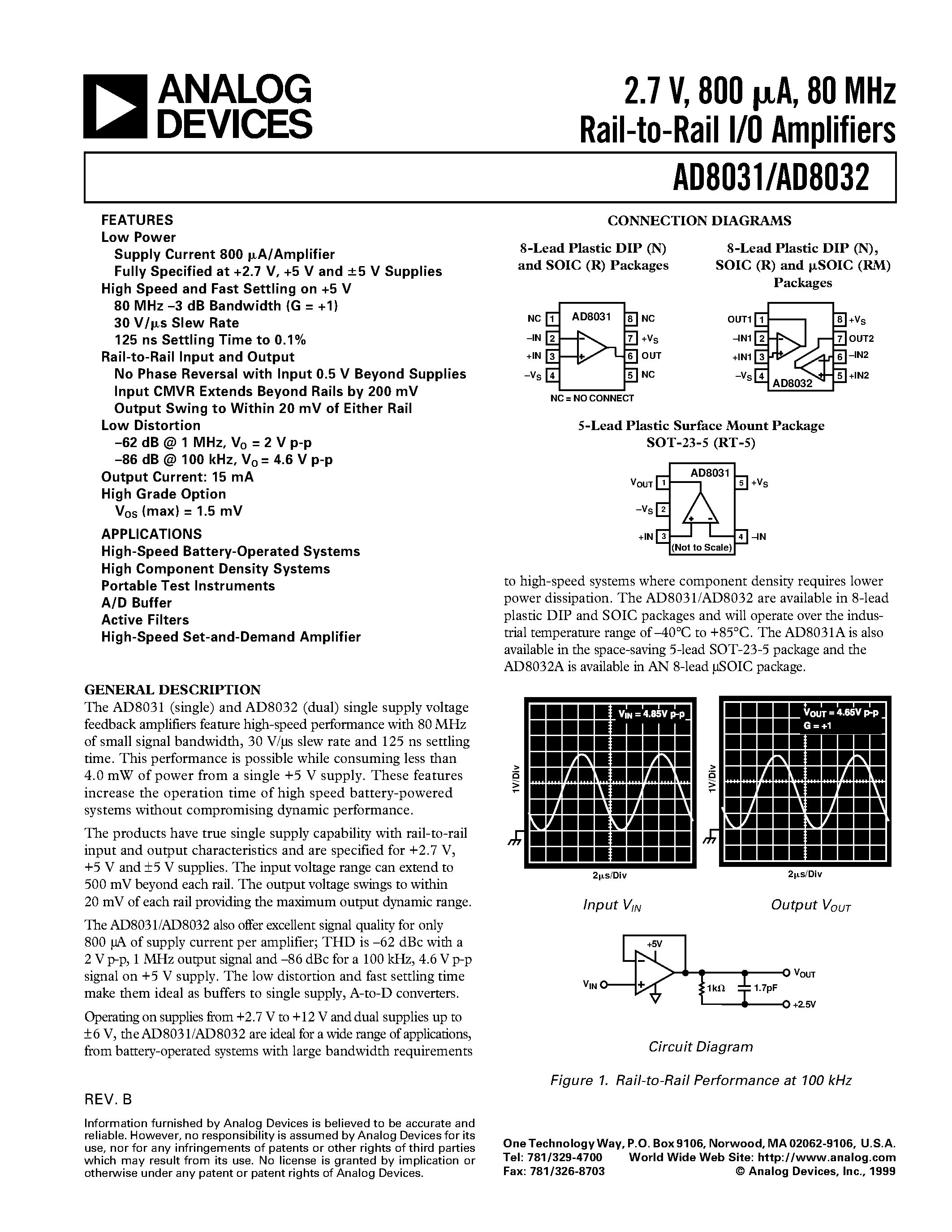 Datasheet AD8032ARM-REEL - 2.7 V/ 800 uA/ 80 MHz Rail-to-Rail I/O Amplifiers page 1