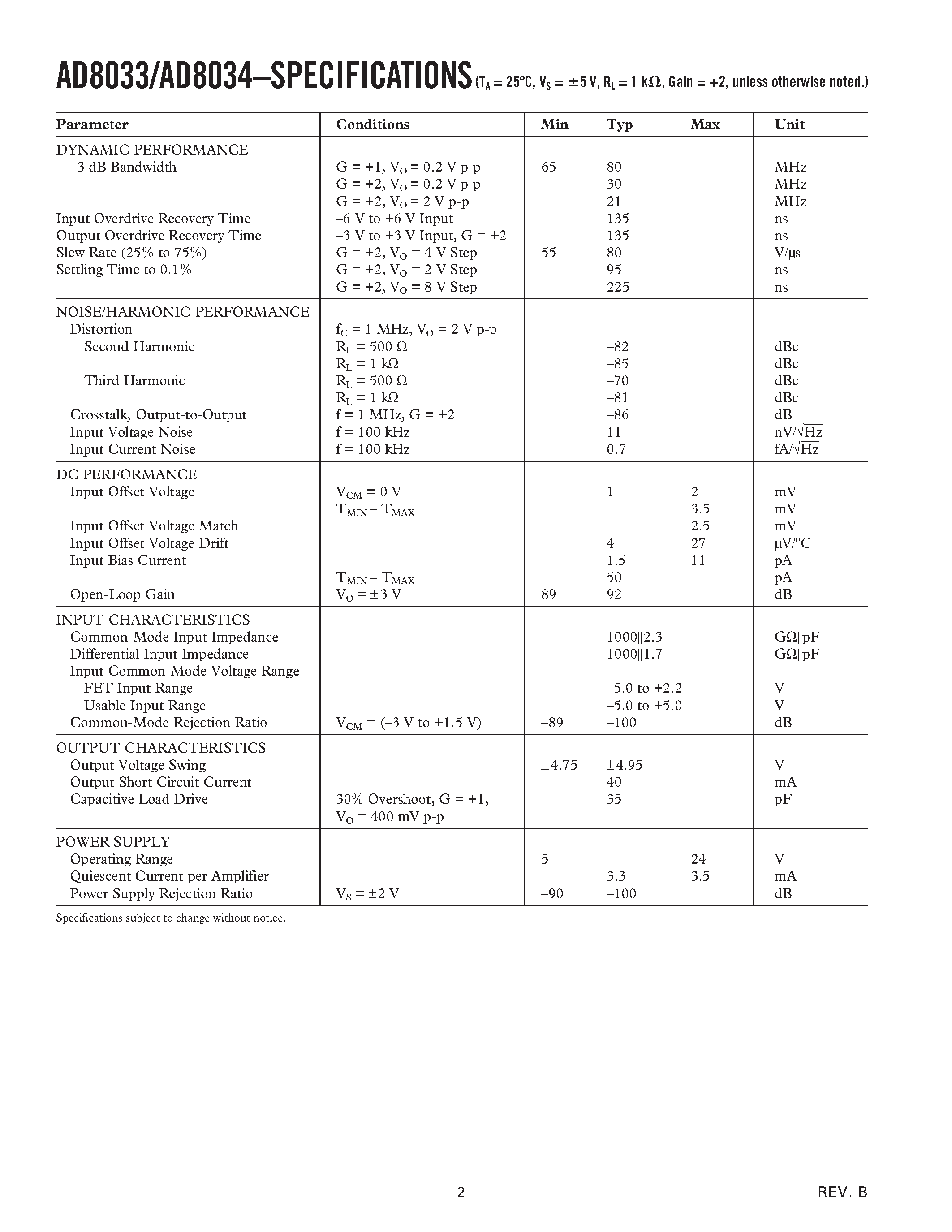 Datasheet AD8033AR-REEL page 2 Datasheet AD8033AR-REEL - Low Cost/ 80 MHz FastFET Op Amps page 2