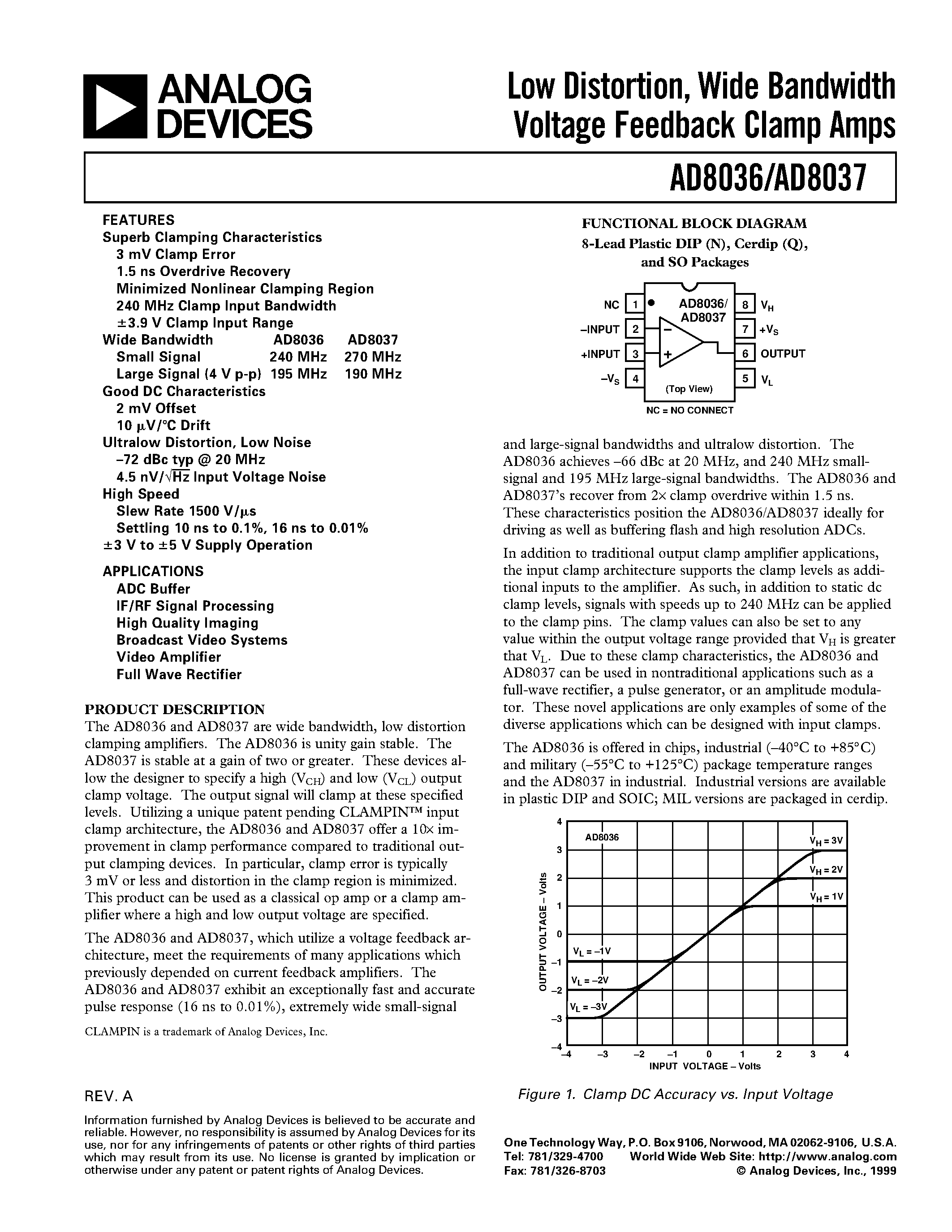 Datasheet AD8037AR-REEL - Low Distortion/ Wide Bandwidth Voltage Feedback Clamp Amps page 1