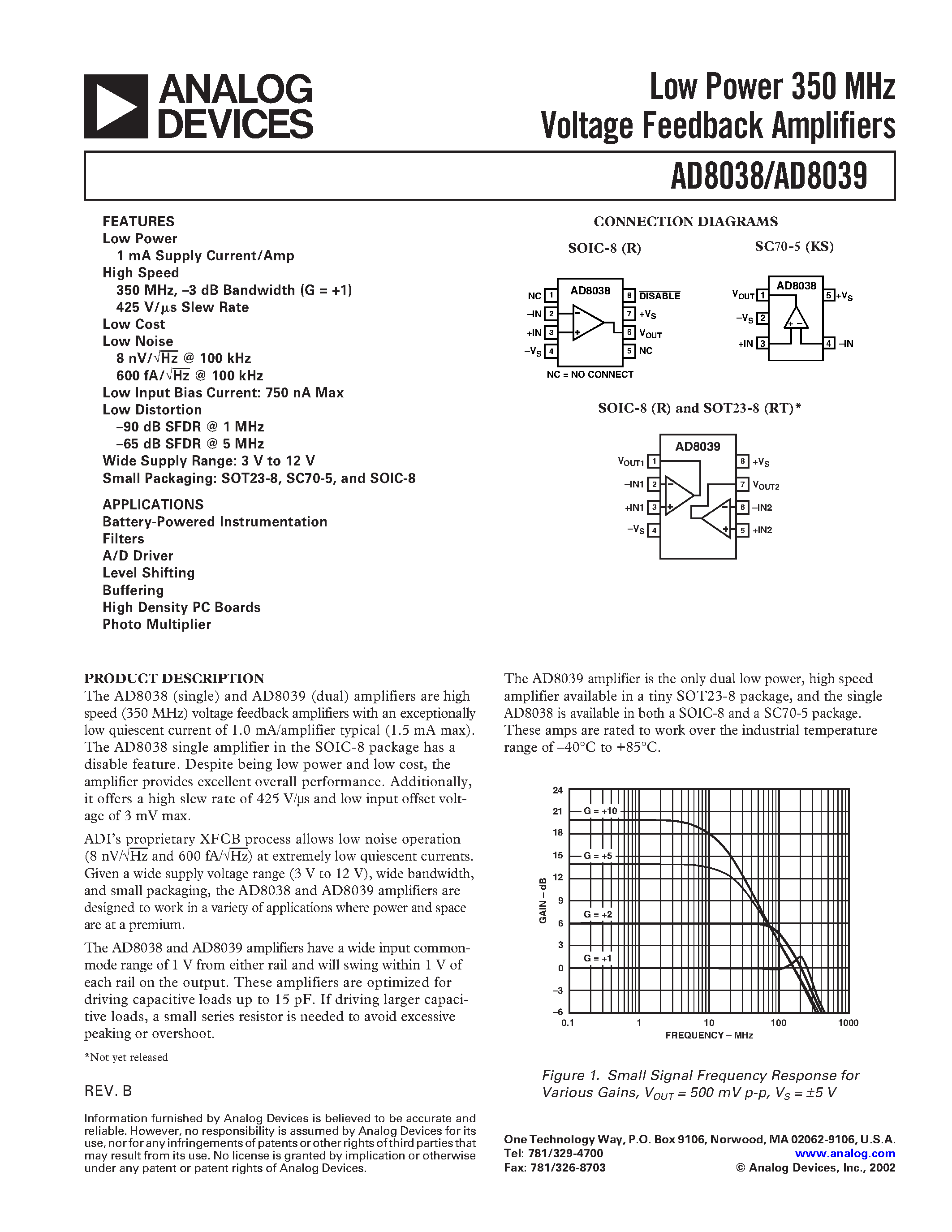 Datasheet AD8038 page 1 Datasheet AD8038 - Low Power 350 MHz Voltage Feedback Amplifiers page 1