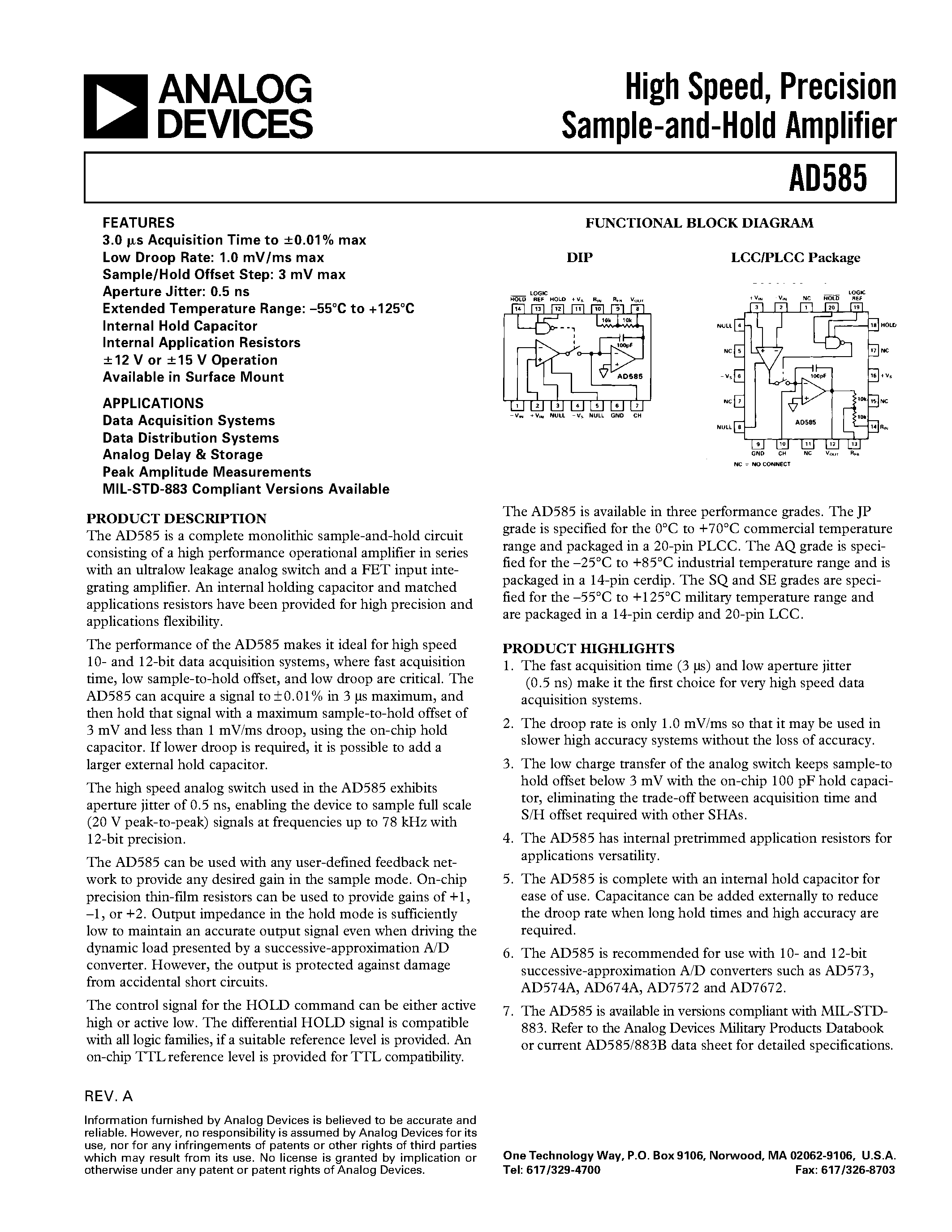 Даташит AD585S - High Speed/ Precision Sample-and-Hold Amplifier страница 1