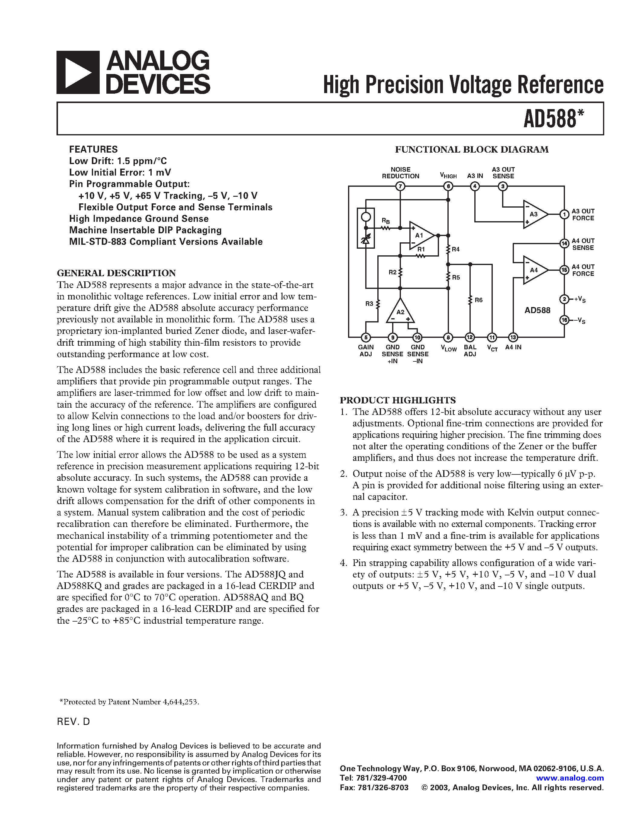 Даташит AD588KQ - High Precision Voltage Reference страница 1