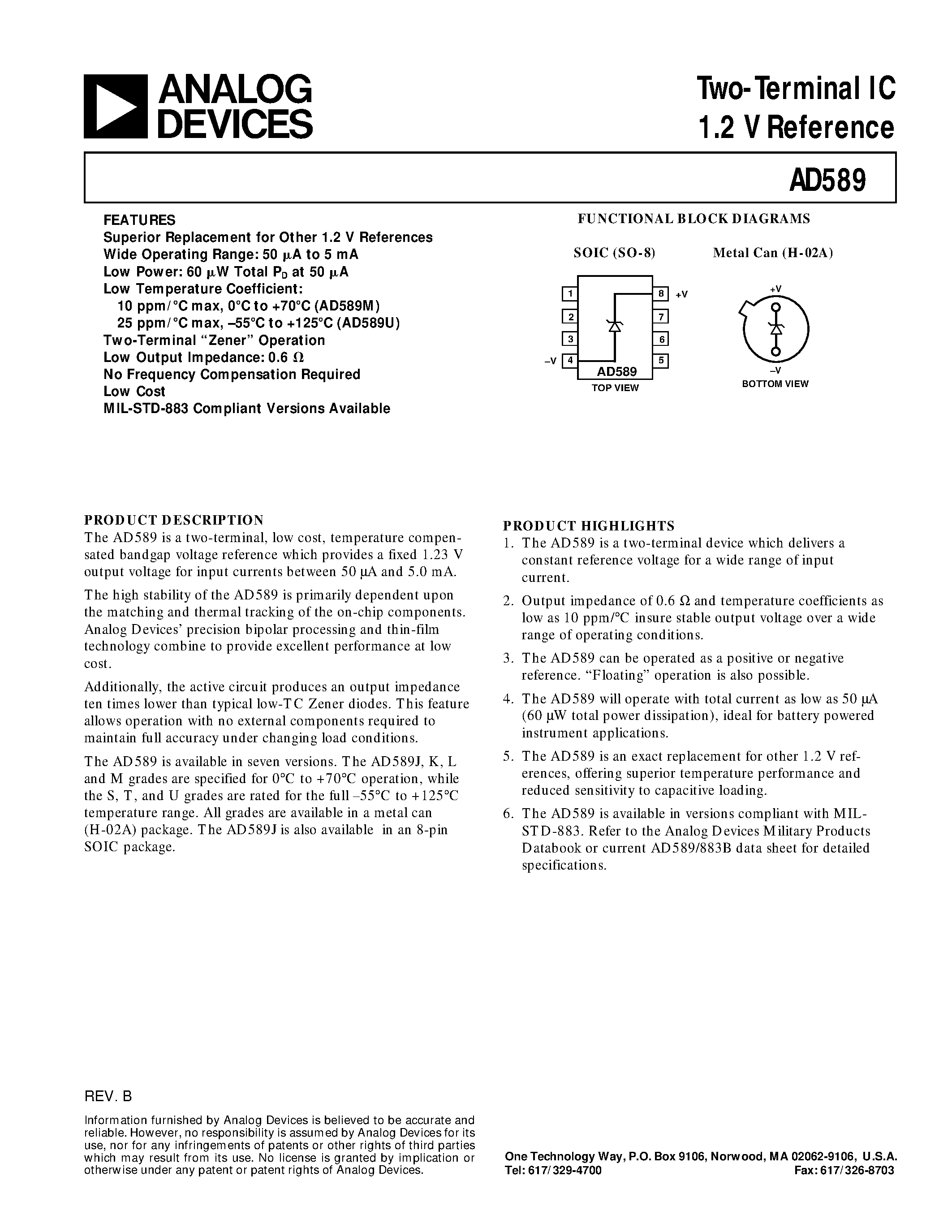 Даташит AD589SH - LC2MOS 5 us 8-Bit ADC with Track/Hold страница 1