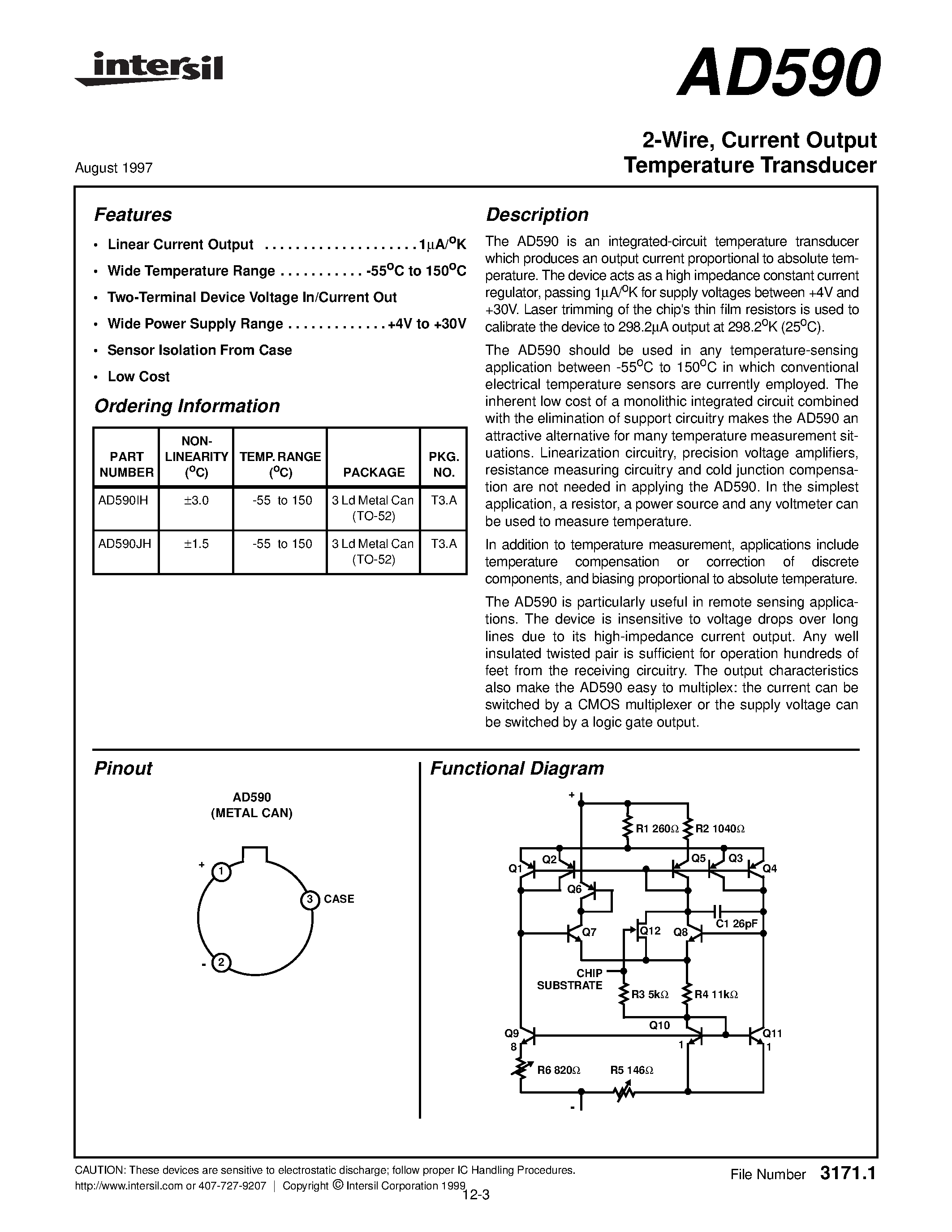 Даташит AD590IH - 2-Wire/ Current Output Temperature Transducer страница 1