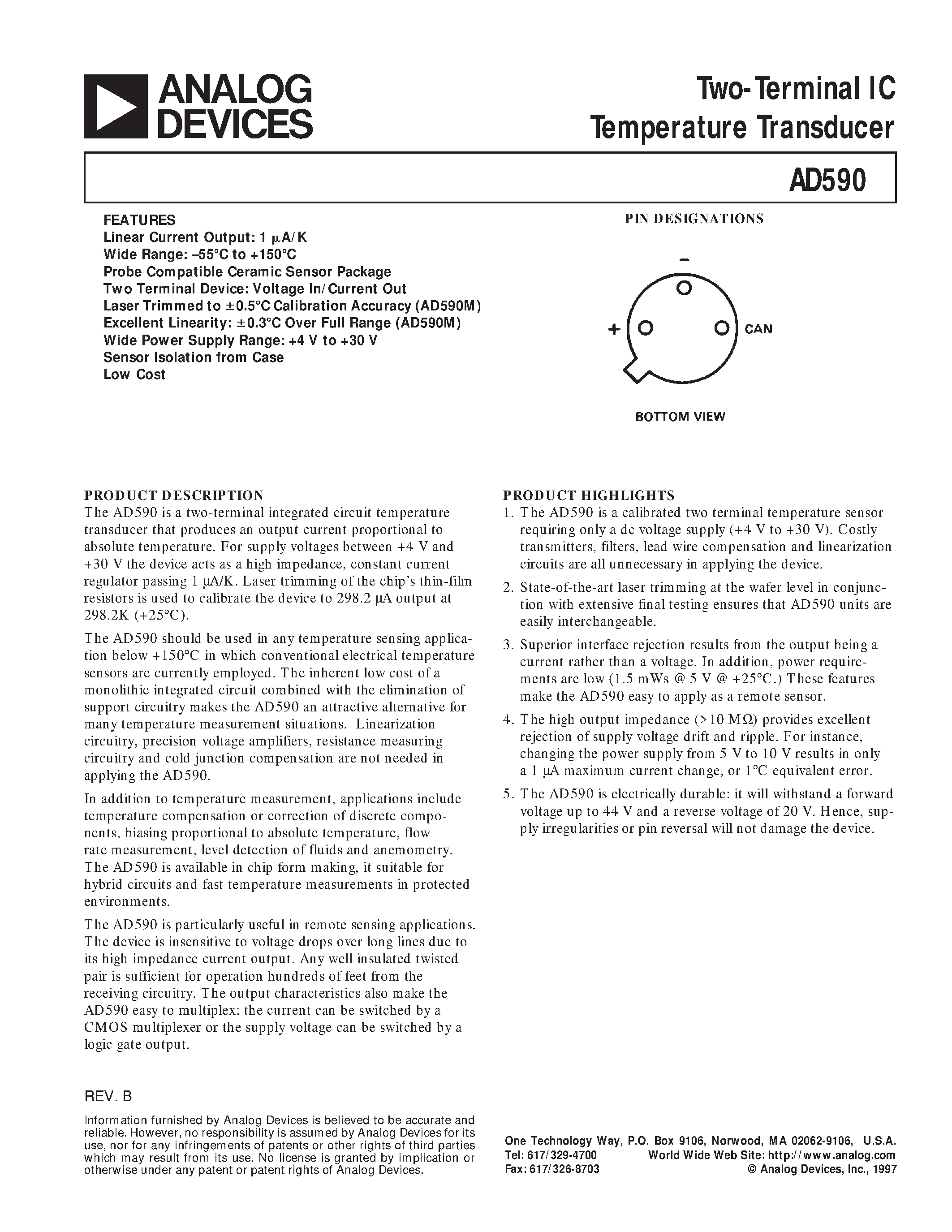 Даташит AD590JH - Two-Terminal IC Temperature Transducer страница 1
