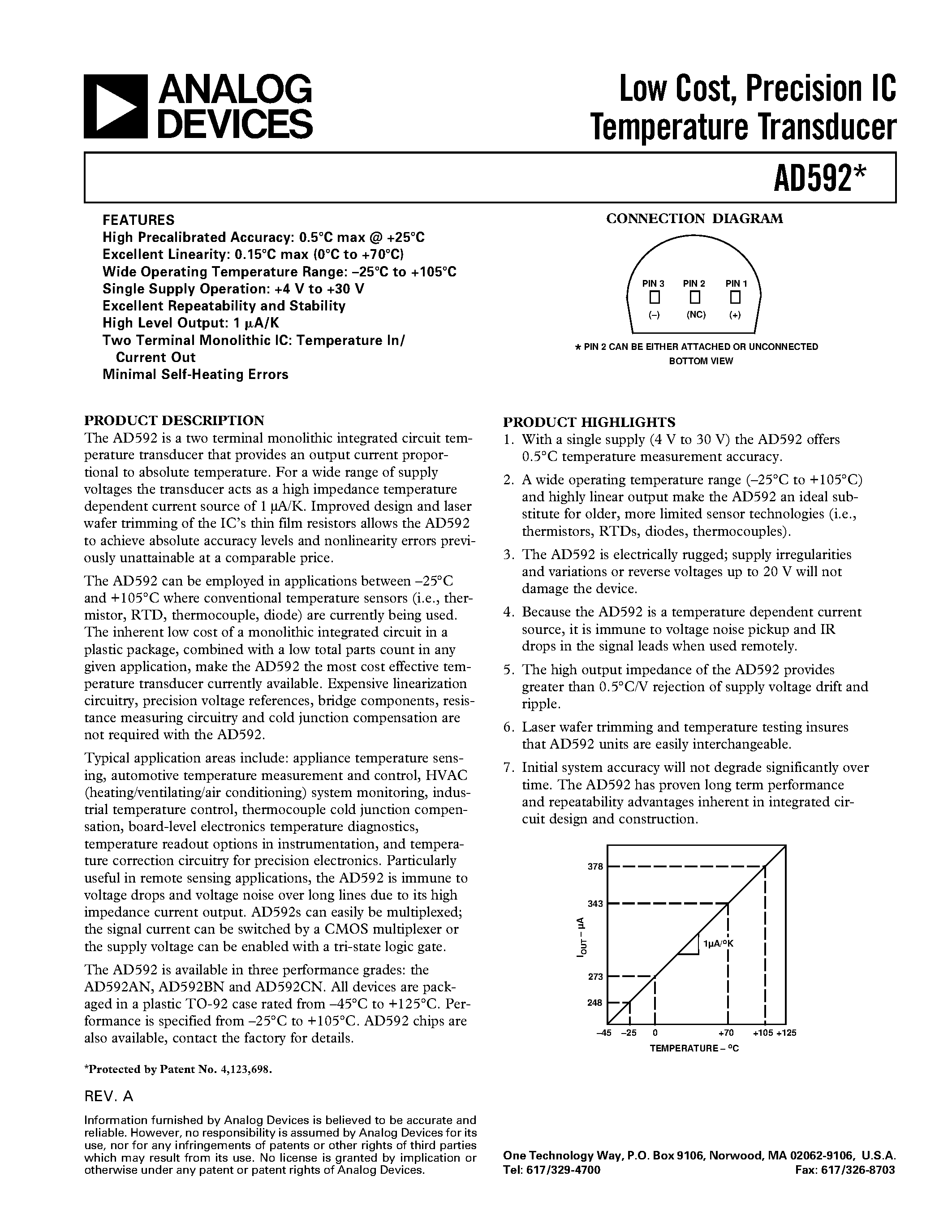 Даташит на микросхему AD592AN страница 1 Даташит AD592AN - Low Cost/ Precision IC Temperature Transducer страница 1
