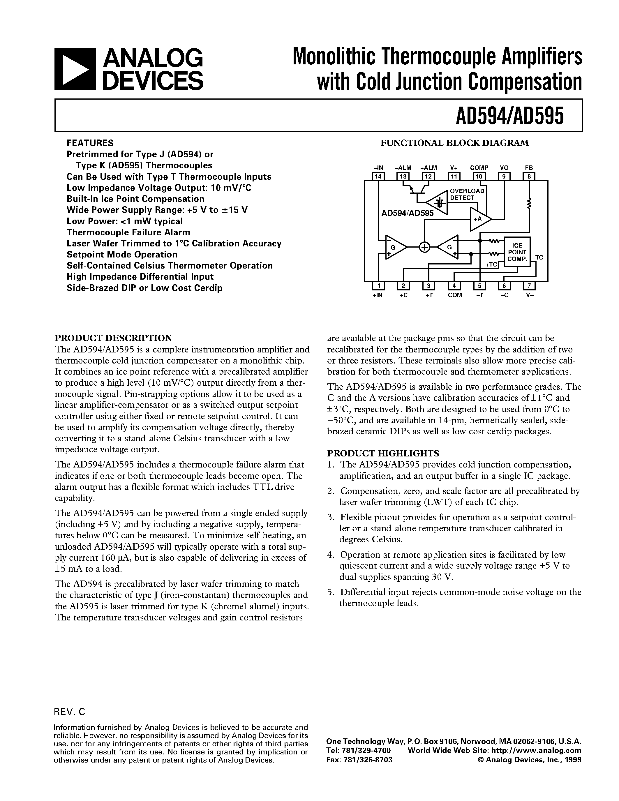 Даташит на микросхему AD595AD страница 1 Даташит AD595AD - Monolithic Thermocouple Amplifiers with Cold Junction Compensation страница 1